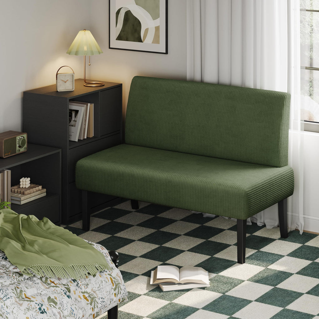Small Mini Sofa Couch Armless Loveseat Futon for Bedroom, Corduroy Fabric & Easy Assembly, for Small Spaces Living Room,Dorm,Office,Apartment, Green