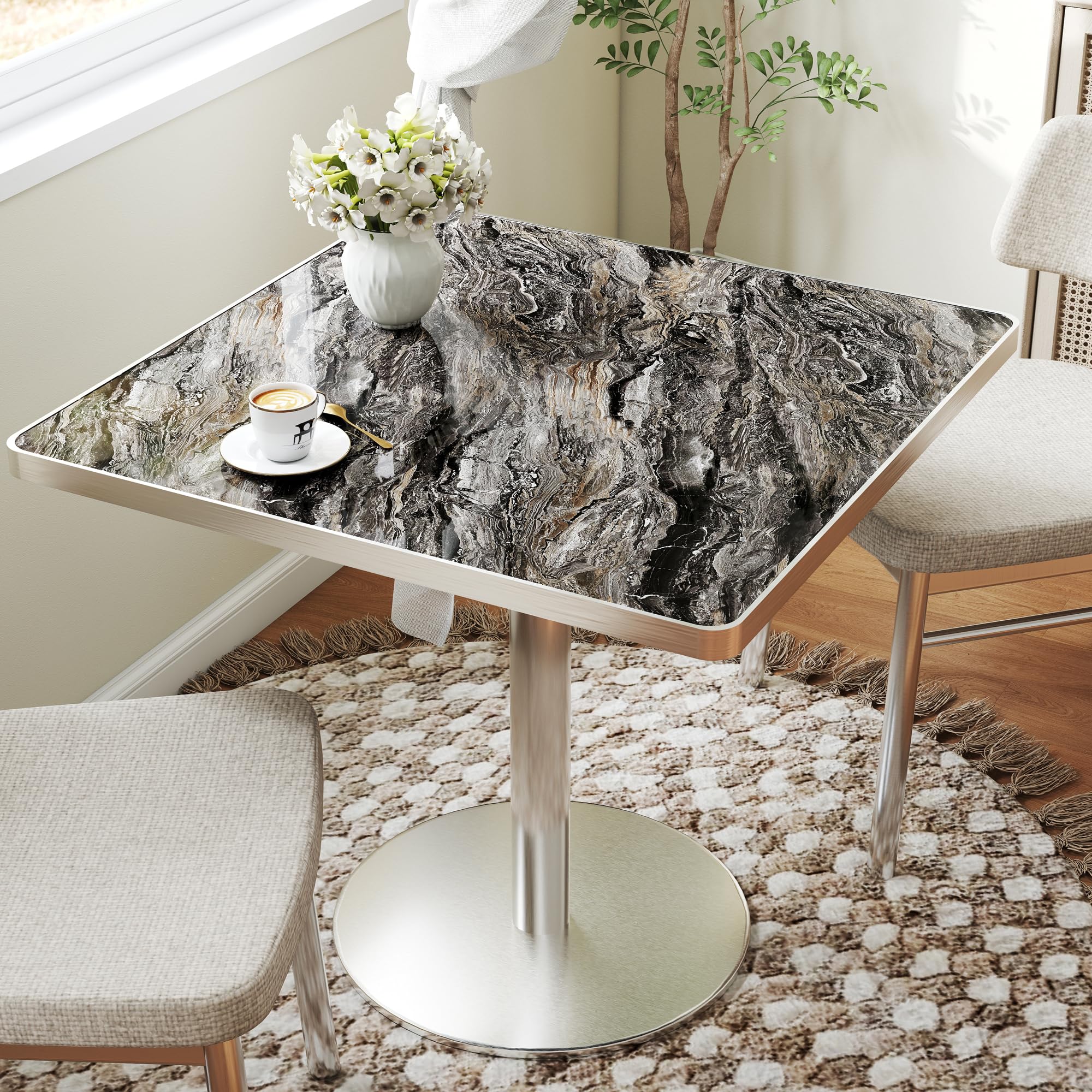 31.5" Tulip Table,Square Kitchen Dining Table for 2-4 with Thick Sintered Stone Top,Titanium Golden Pedestal Base,Heat-Resistant,Bistro Table for Dining Room,Café,Small Space（Dusk Strata）