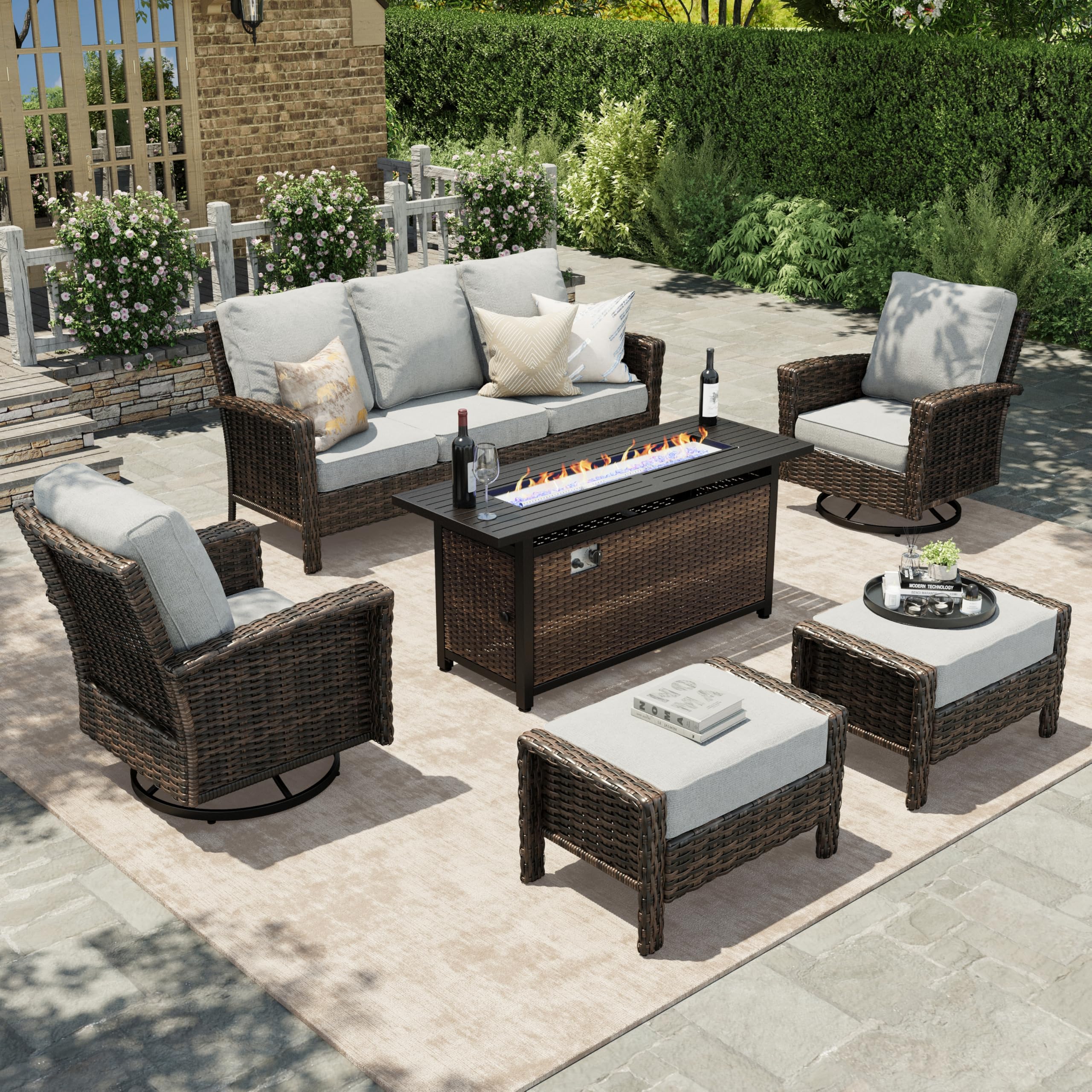 Grey Patio Furniture Set, High Back Wicker Sofa, Swivel Chairs with 5.5" Thick Cushions, 6-Piece Outdoor Seating Conversation Sets with Fire Pit Table & Ottomans for Deck Yard Garden