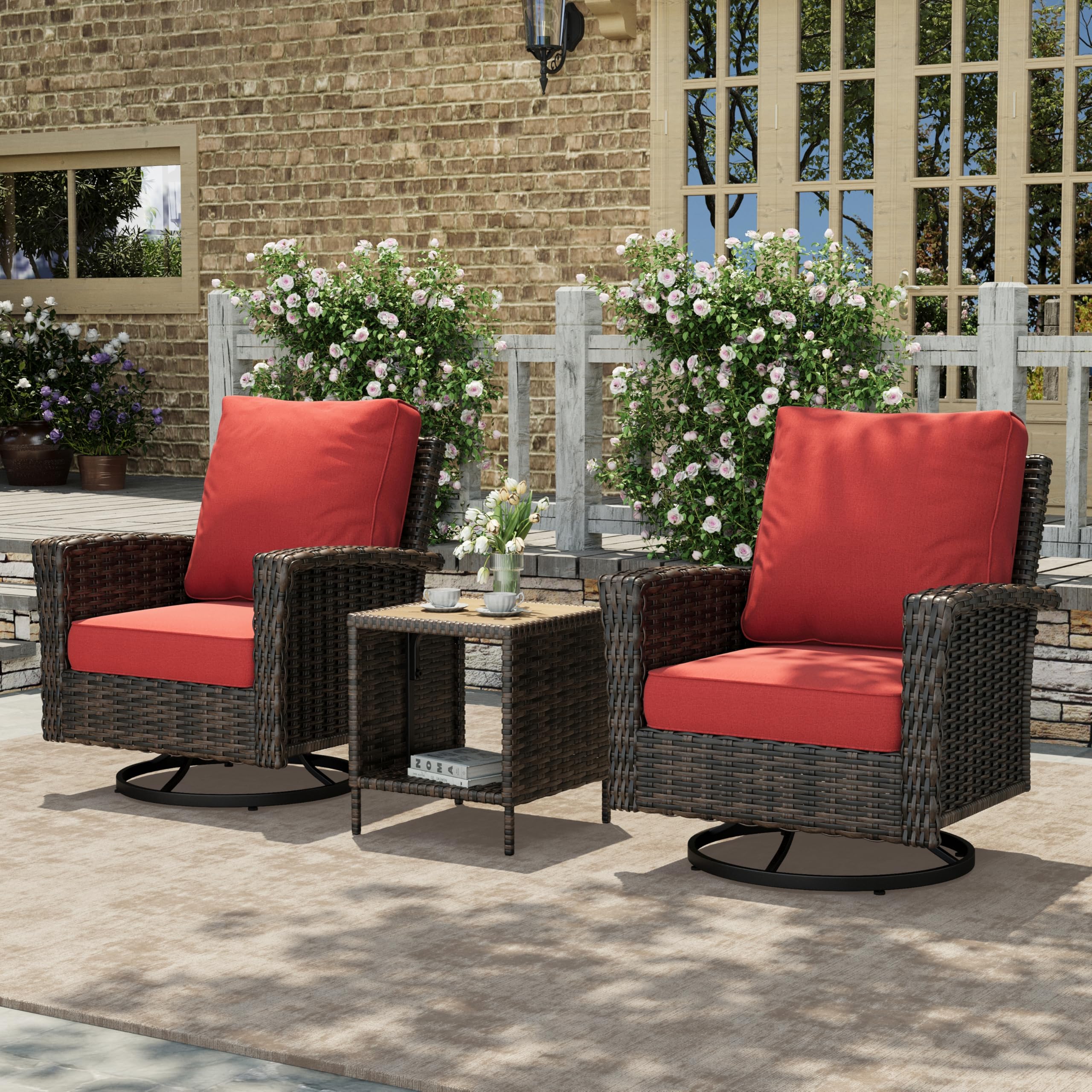 3-Piece Outdoor Patio Furniture, High Back Swivel Chairs Set of 2 with Rattan Table, Brown Wicker Conversation Bistro Set with 5.5” Thick Cushion for Deck Porch Balcony Garden Lawn, Red