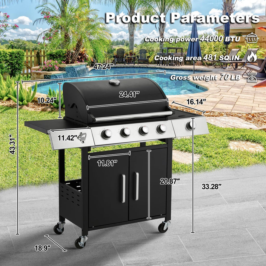 Upgraded 44,000 BTU Stainless Steel Burner Barbecue Grill, 4 Burner BBQ Propane Gas Grill with Side Stove & Cast Iron Grates for Patio, Camping, Outdoor Cooking