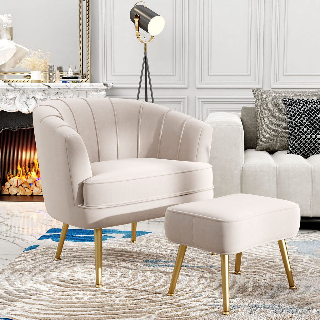 Velvet Accent Chair with Ottoman, Upholstered Modern Single Sofa Side Chair,Comfy Barrel Club Living Room Armchair with Golden Metal Legs for Bedroom Living Reading Room Office, Beige
