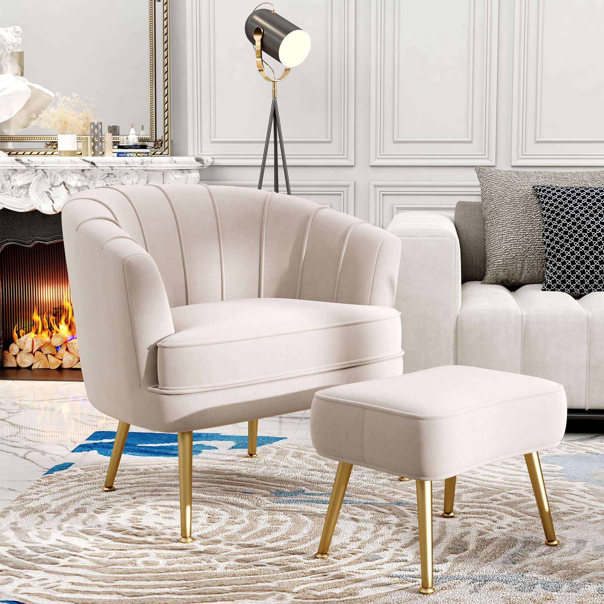 Velvet Accent Chair with Ottoman, Upholstered Modern Single Sofa Side Chair,Comfy Barrel Club Living Room Armchair with Golden Metal Legs for Bedroom Living Reading Room Office, Beige