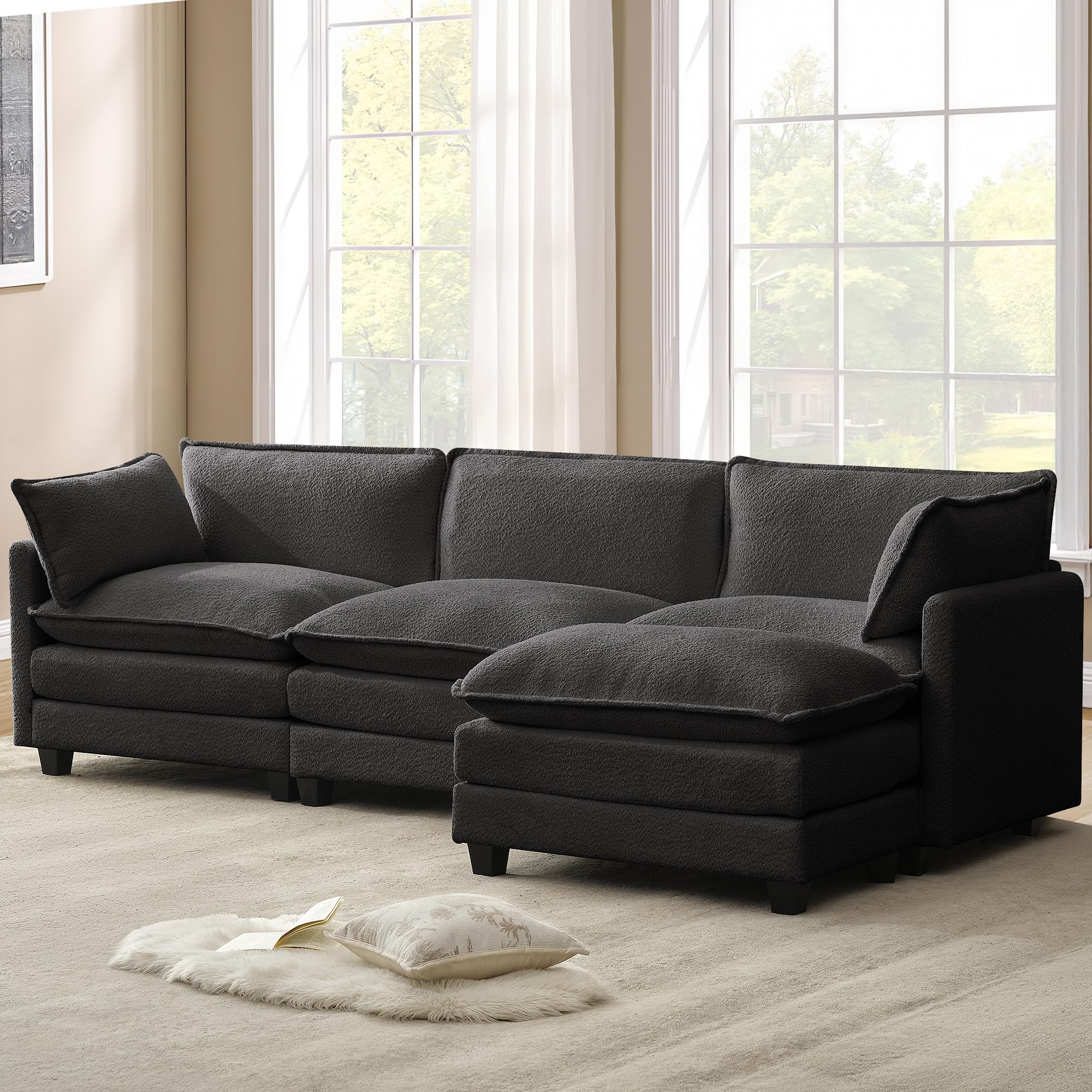 112'' Sectional Cloud Couch with Movable Ottoman, 4 Seat Modern Chenille Modular Sofa with 2 Throw Pillows, Deep Seat L Shaped Couch for Living Room Bedroom Apartment, Dark Grey