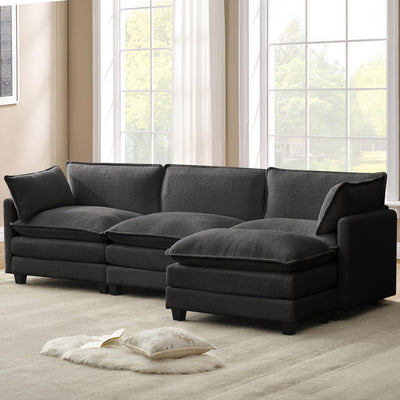 112'' Sectional Cloud Couch with Movable Ottoman, 4 Seat Modern Chenille Modular Sofa with 2 Throw Pillows, Deep Seat L Shaped Couch for Living Room Bedroom Apartment, Dark Grey