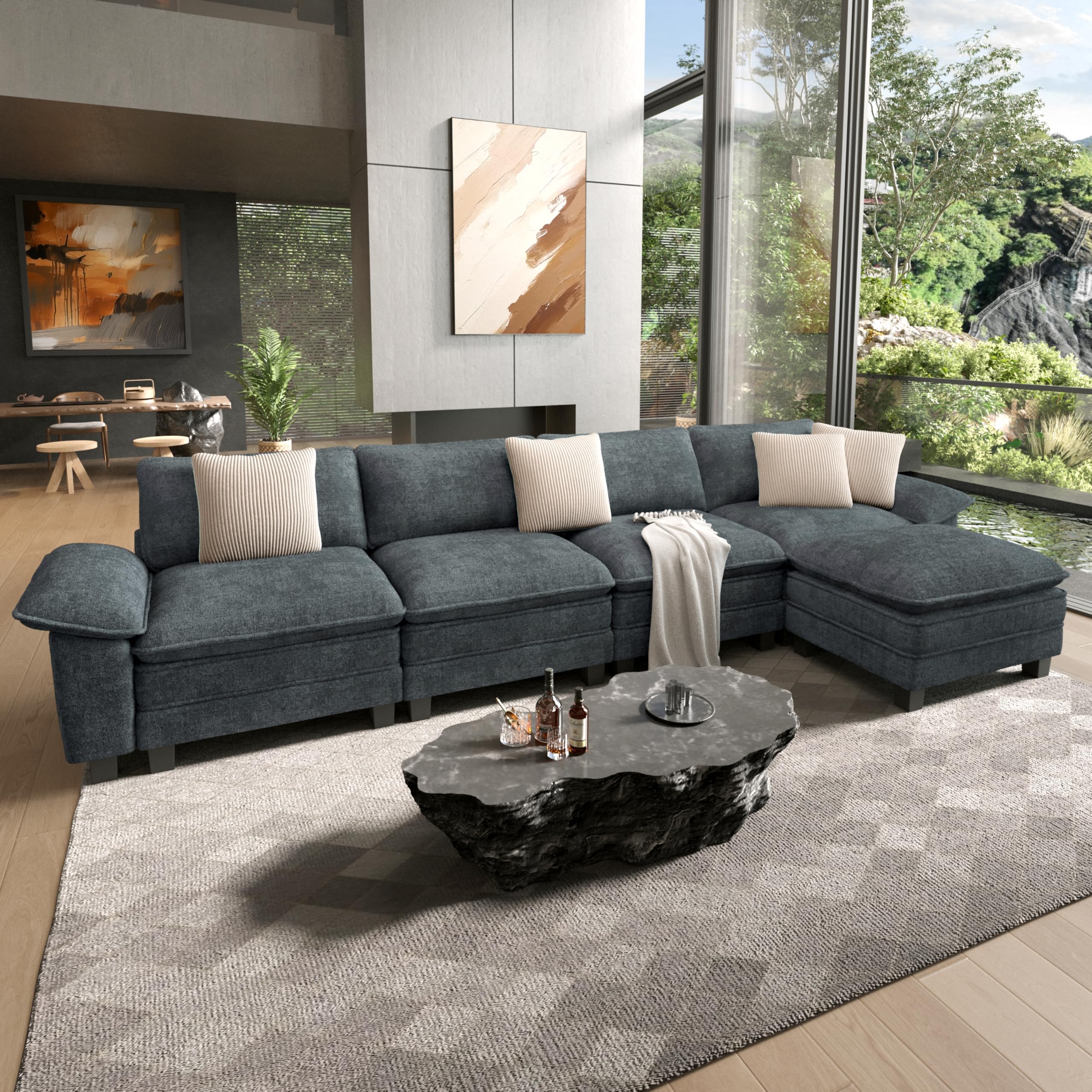 158" Modular Sectional Sofa, Oversized L Shaped Couches for Living Room, Comfy Cloud Couch with Ottoman, 5-Seater Deep Seat Sofa with Throw Pillow, Chenille Blue