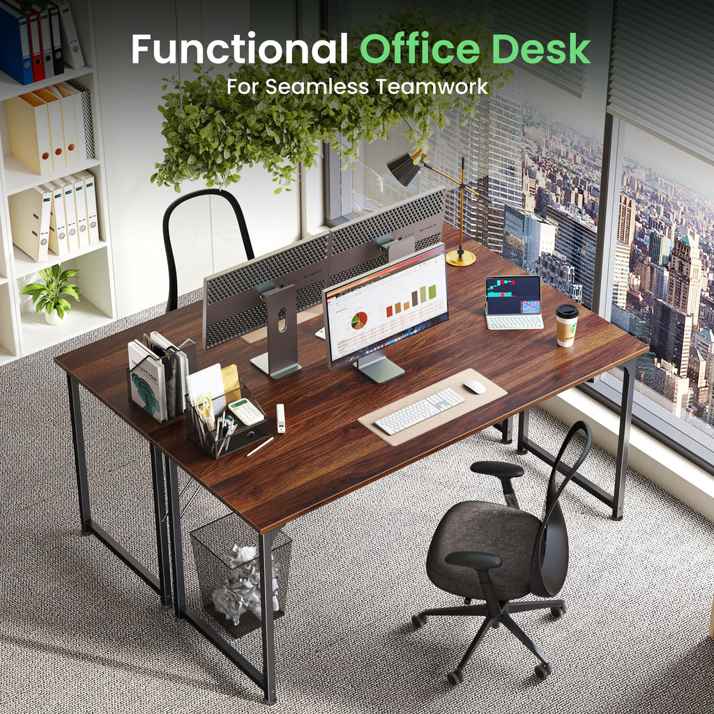 Computer Desk, 54 Inch Office Desk, Gaming Desk with Storage, Writing Desk Work Desk for Home Office, Study, Modern Simple Desk, Large Legroom, Metal Frame, Walnut