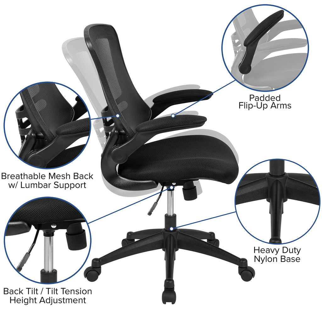 Set of 5- Mid-Back Black Mesh Swivel Ergonomic Task Office Chair with Flip-Up Arms