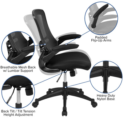 Set of 5- Mid-Back Black Mesh Swivel Ergonomic Task Office Chair with Flip-Up Arms