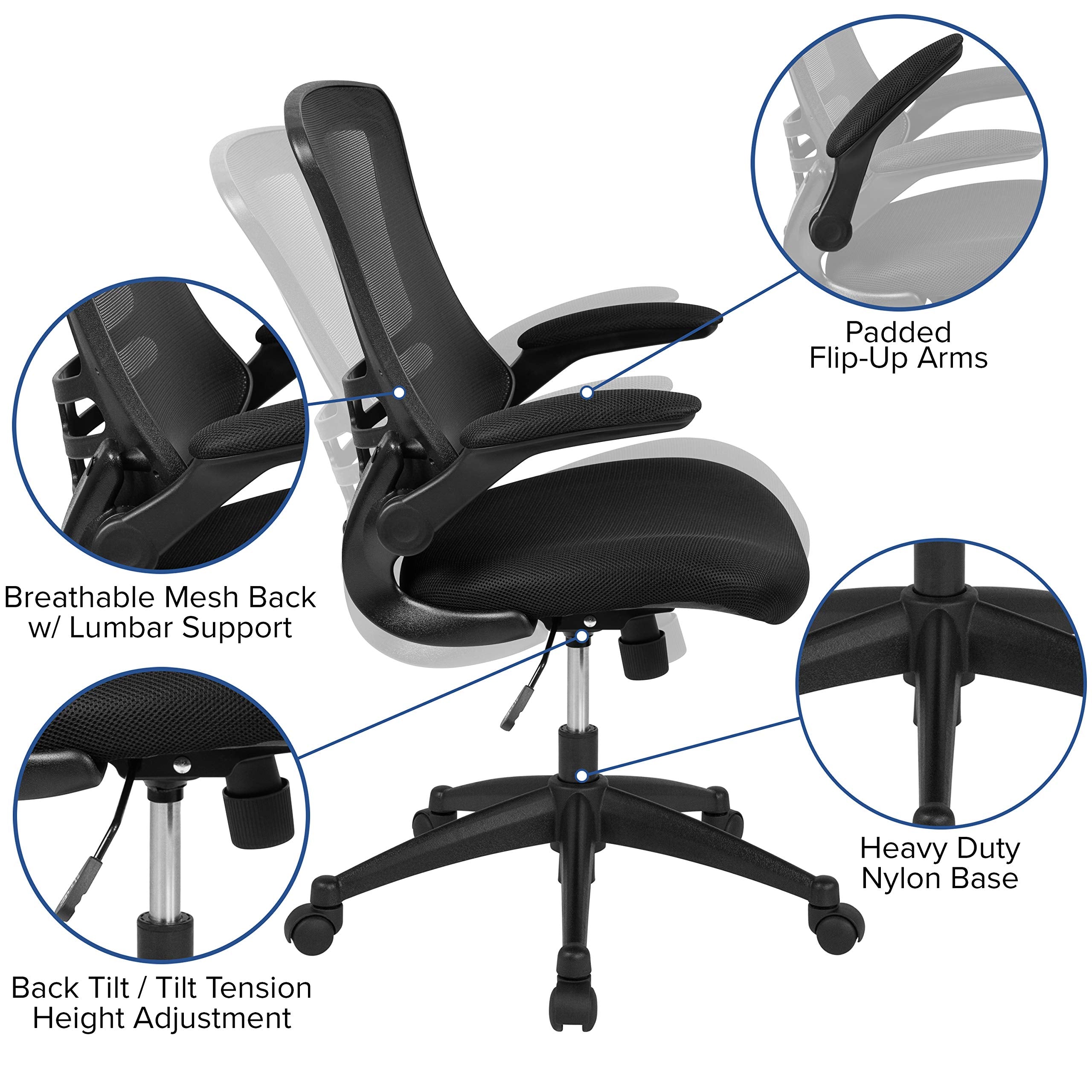 Set of 8 Mid-Back Swivel Ergonomic Task Office Chairs with Flip-Up Arms, Black Mesh
