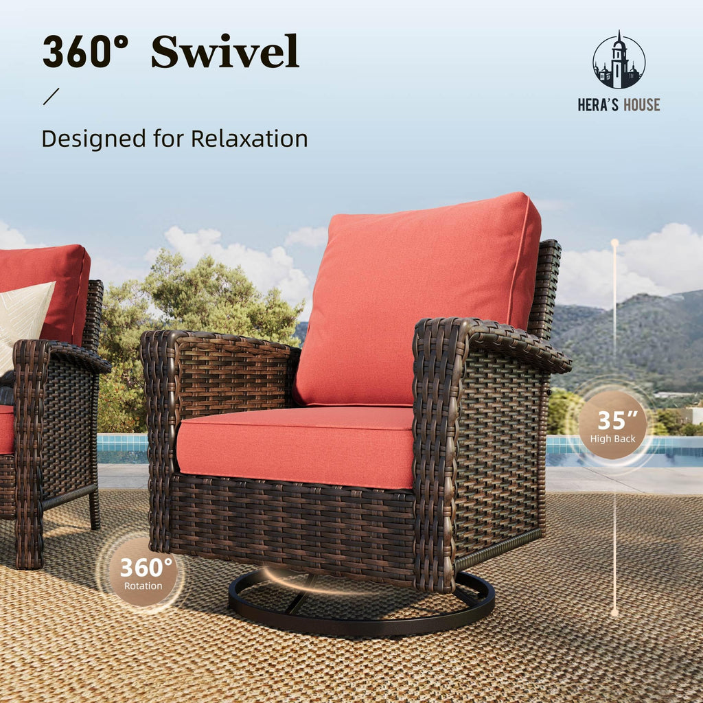 Outdoor Swivel Chairs with 5.5" Thick Cushions, 35" High Back Patio Furniture Sets, Oversized Wicker Rattan Chairs for Deck Balcony Backyard, Red