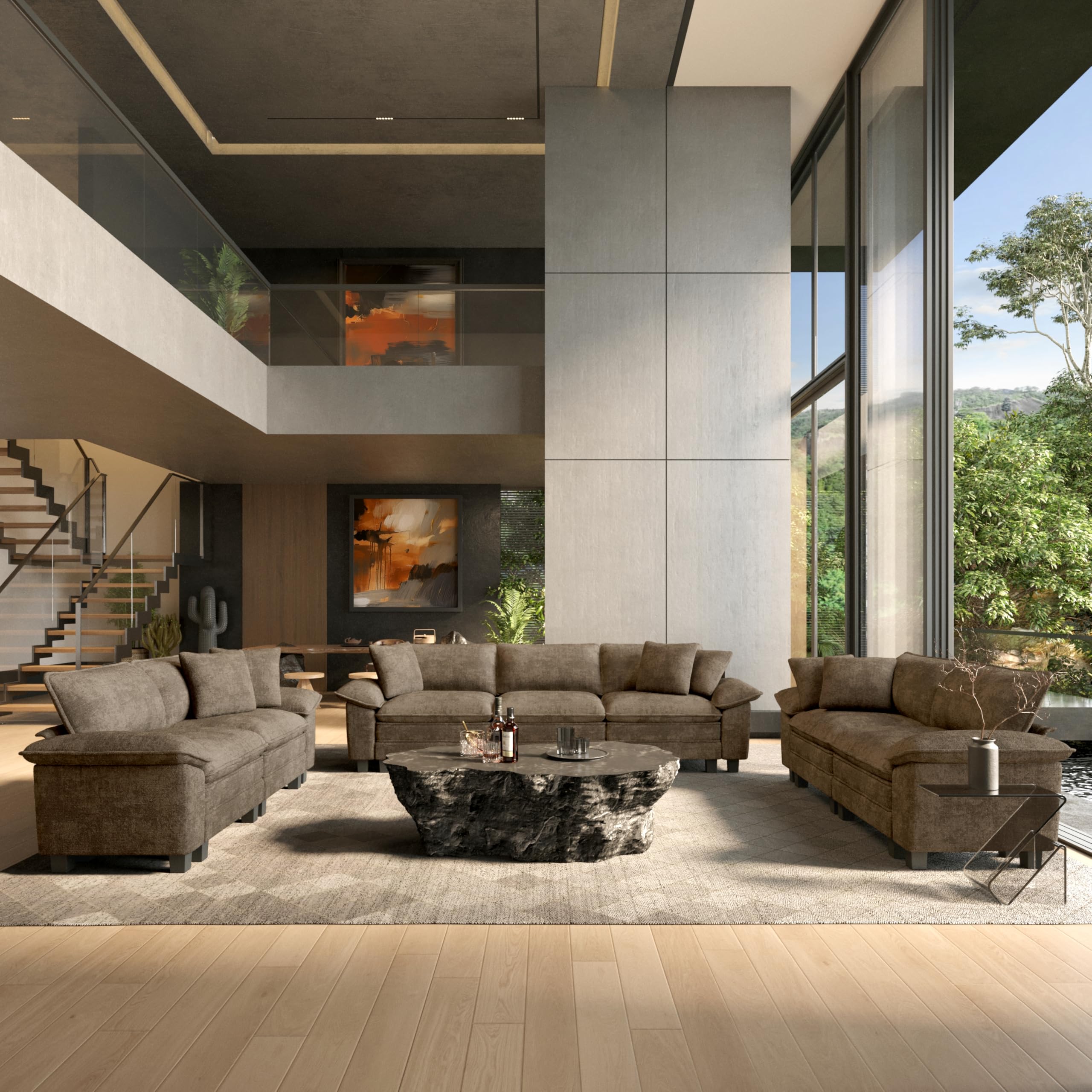 3 Pieces Modular Sectional Sofa Sets, Oversized Couch Set with Loveseat and Armchairs, Comfy Cloud Couches with Throw Pillows, 5-Seater Deep Seat Sofa for Living Room, Chenille Taupe