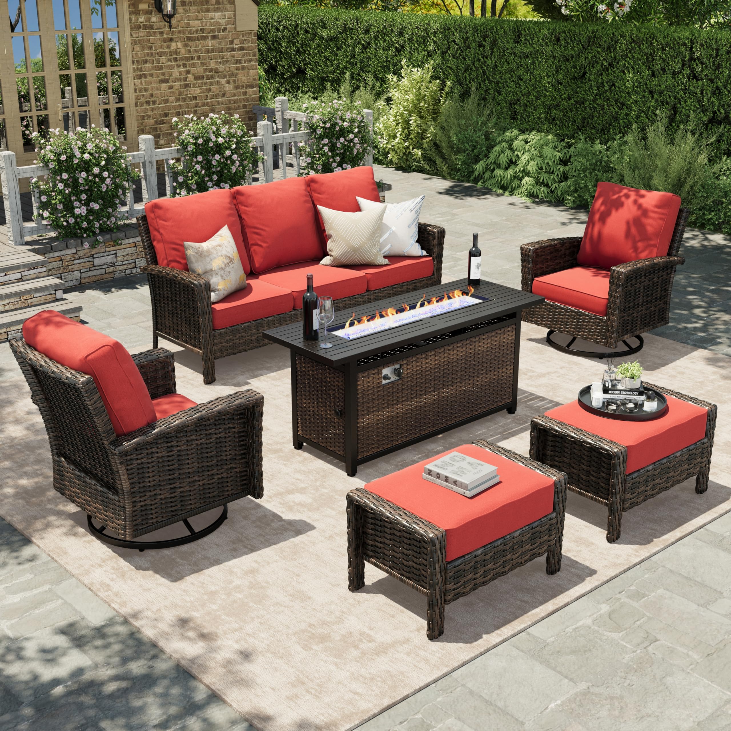 Red Patio Furniture Set, 6-Piece Outdoor Seating Conversation Sets with High Back Wicker Sofa, Swivel Chairs with 5.5