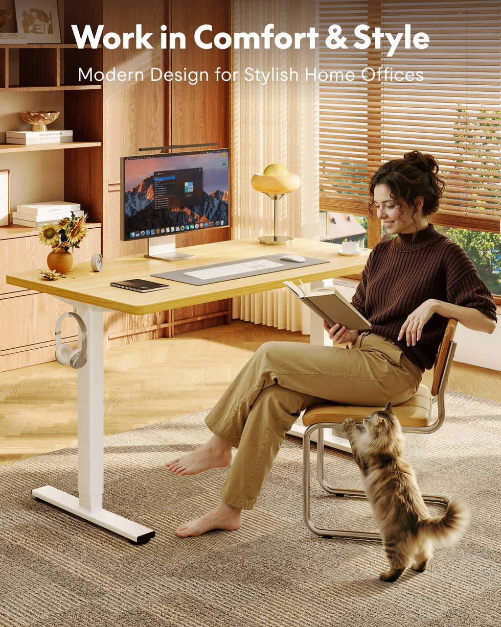 EN1 One-Piece Standing Desk, Electric Adjustable with 4 Memory Presets, 176 LBS Capacity, Stable & Quiet, Seamless Desktop for Home Office & Dual Monitors, 40"x24" Maple(White Frame)