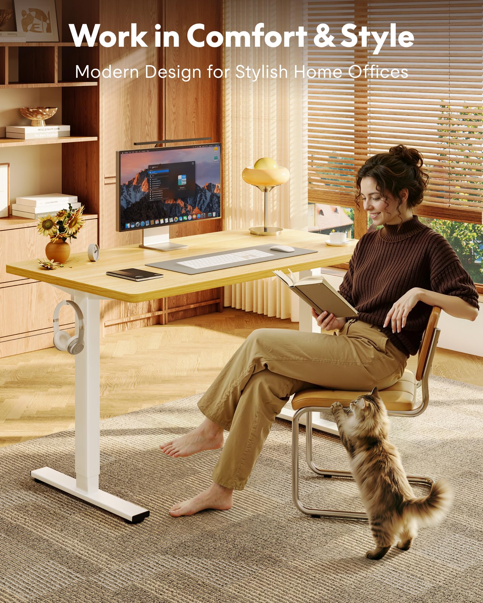 EN1 One-Piece Standing Desk, Electric Adjustable with 4 Memory Presets, 176 LBS Capacity, Stable & Quiet, Seamless Desktop for Home Office & Dual Monitors, 40"x24" Maple(White Frame)