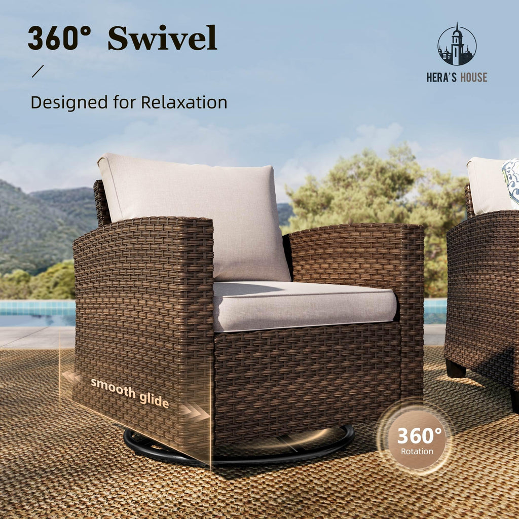 Swivel Glider Patio Furniture Set with Fire Pit, Outdoor Wicker Conversation Sets, 8 Pieces Deep Seat Rattan Sofa Sets with Cushions for Deck Backyard Lawn, Beige/Brown