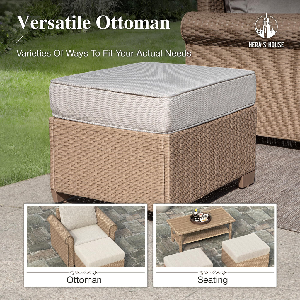 5 Pieces Patio Furniture Set, All Weather 7 Seats Outdoor Wicker Sofa with Ottoman, 5.5" Thick Waterproof Cushion Conversation Set for Garden Deck Backyard, Beige