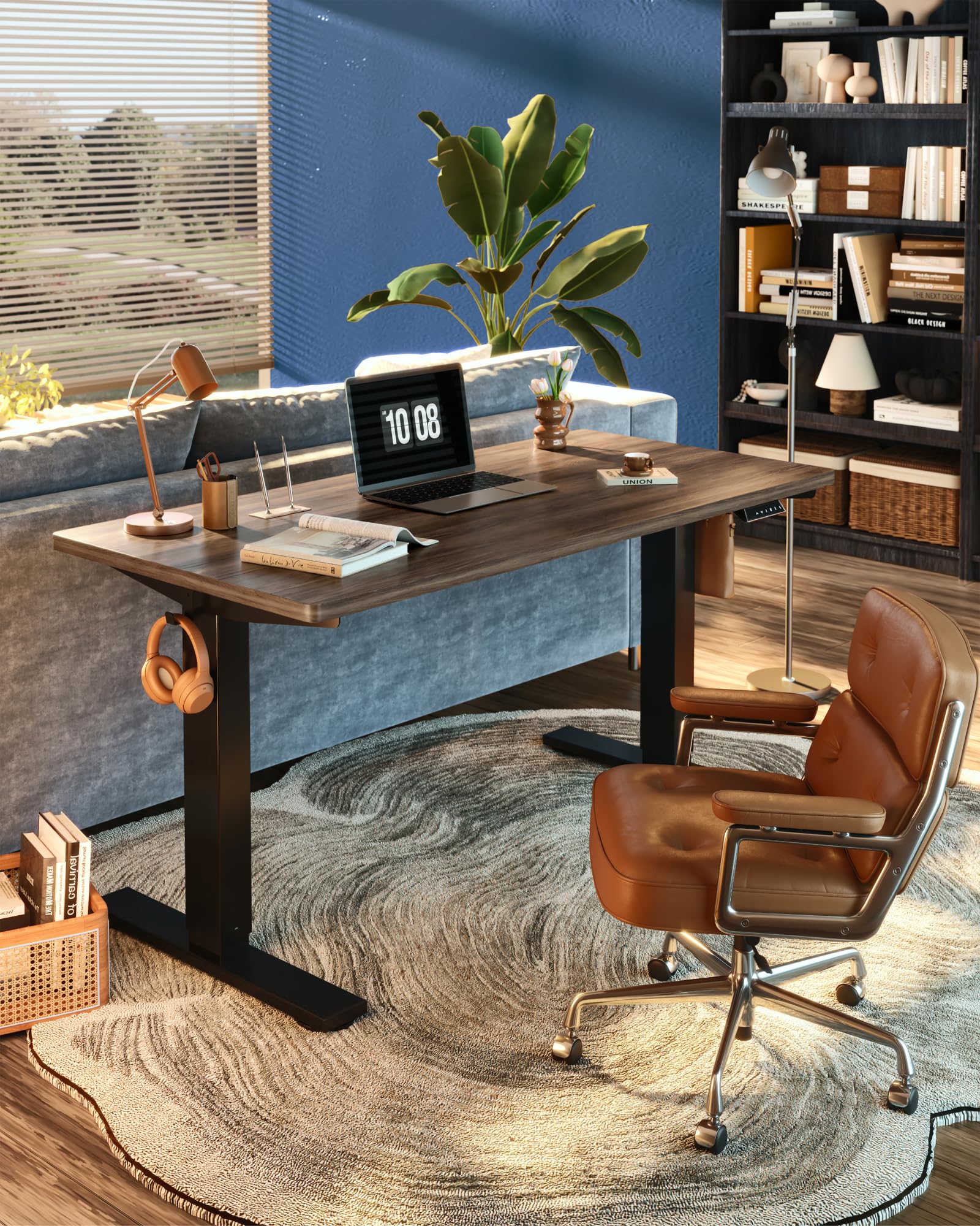 EN1 One-Piece Standing Desk, Electric Adjustable with 4 Memory Presets, 176 LBS Capacity, Stable & Quiet, Seamless Desktop for Home Office & Dual Monitors, 55"x28" Black Walnut