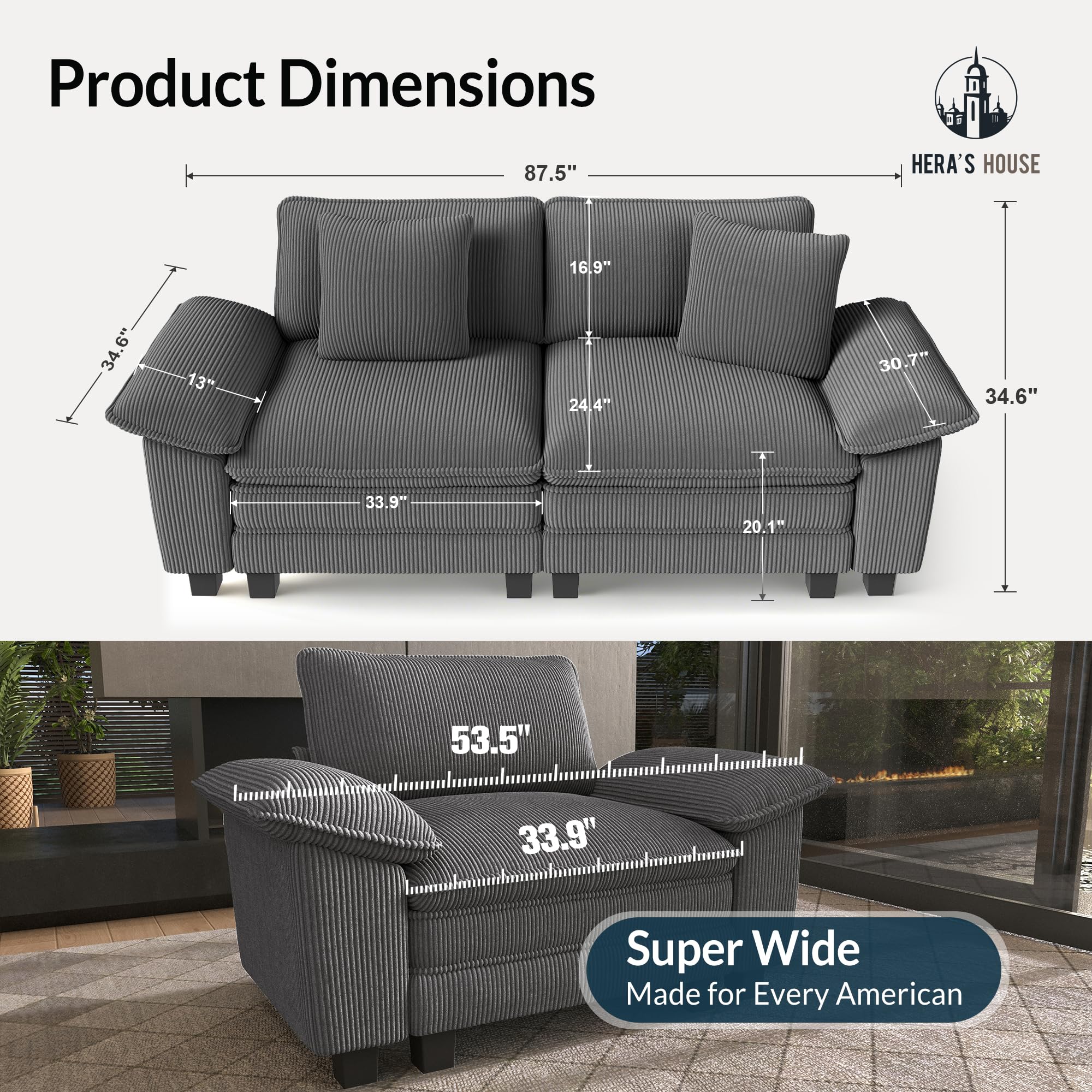 88" Modular Sectional Sofa, Loveseat Couches for Living Room, Comfy Cloud Couch 2-Seater Deep Seat Sofa with Throw Pillow, Corduroy Grey
