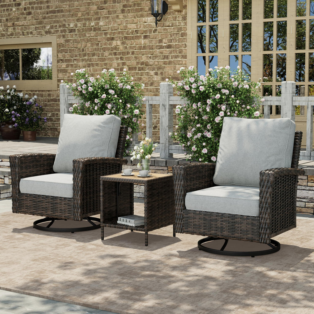 3-Piece Outdoor Patio Furniture, High Back Swivel Chairs Set of 2 with Rattan Table, Brown Wicker Conversation Bistro Set with 5.5” Thick Cushion for Deck Porch Balcony Garden Lawn, Gray