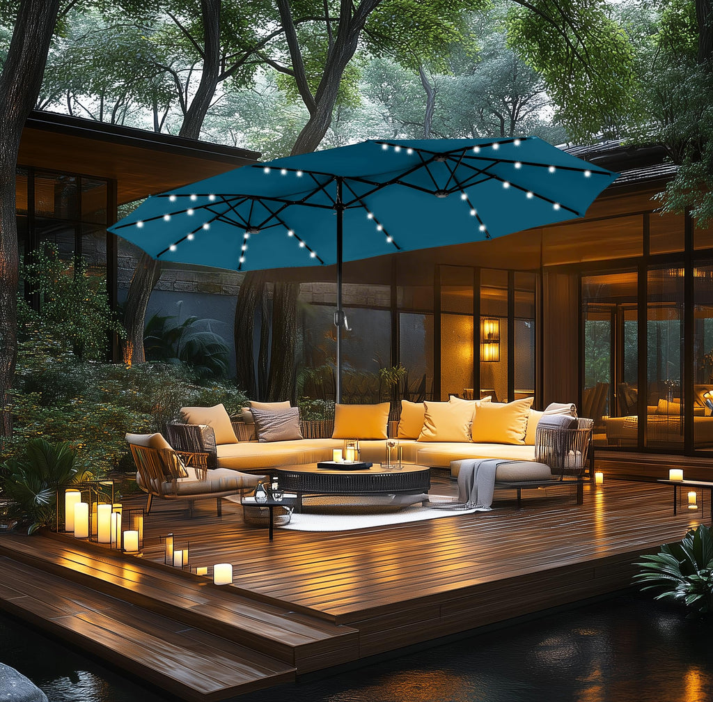 15ft Double Sided Patio Umbrella with Solar Lights, Outdoor Large Umbrellas with Crank Handle and 36 LED Lights, Rectangular Market Umbrella with Base Included for Deck Pool Shade, Cerulean