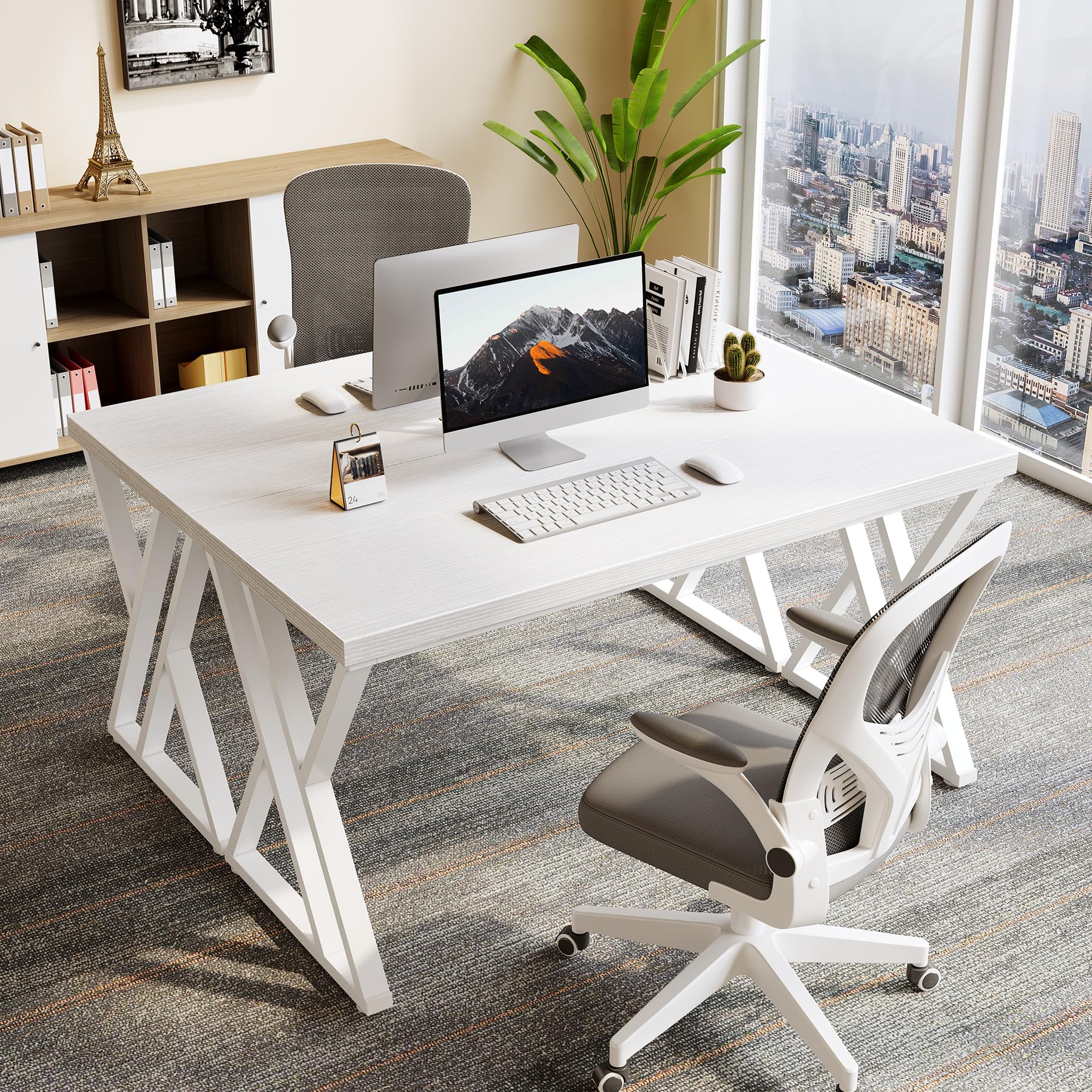55 Inch Large Simple Industrial Computer Desk Study Writing Table Home Office Workstation,White