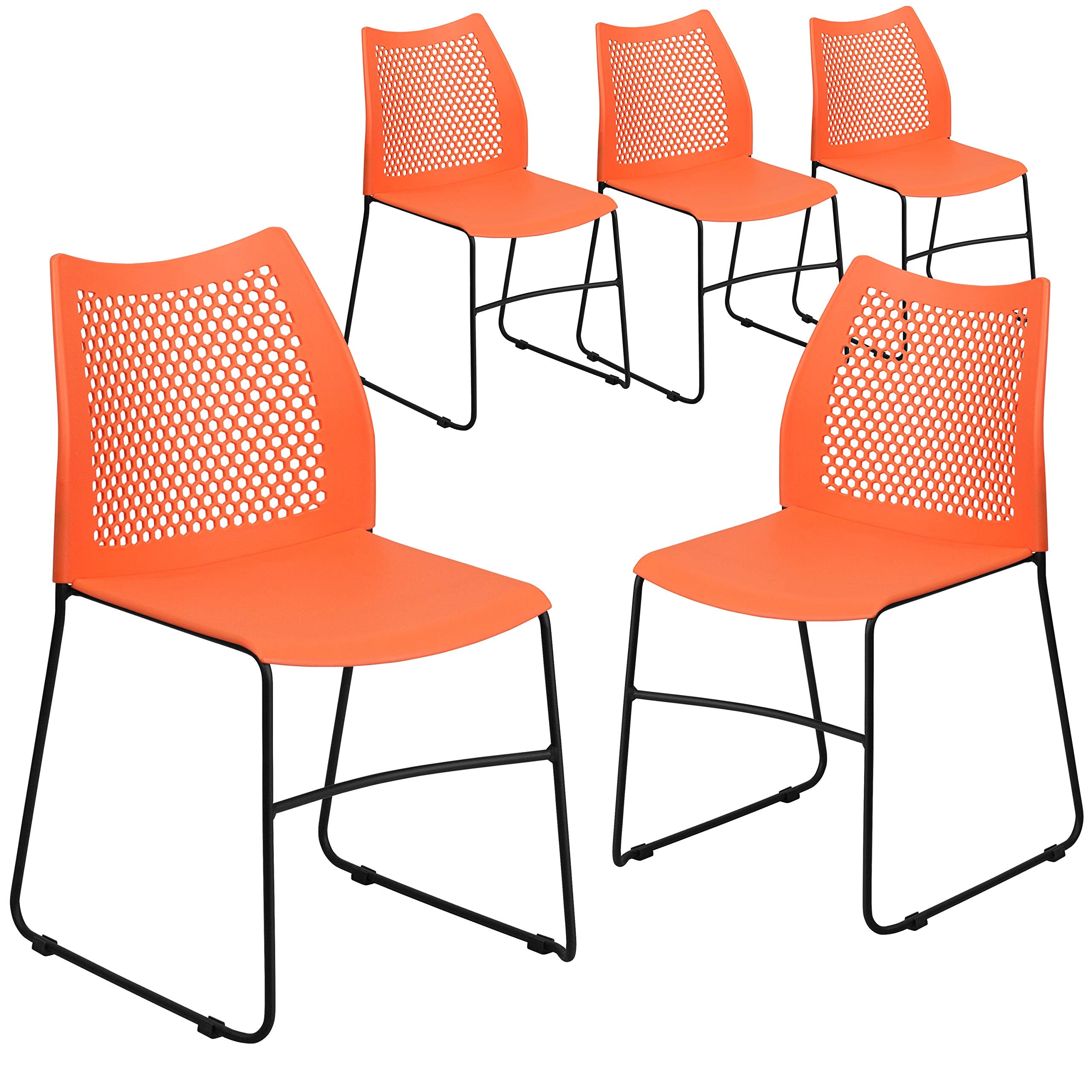 Set of 5 Orange, Hercules Series Contoured Lobby Chairs with Air-Vent Honeycomb Backs, Ergonomic Stacking Chairs for Offices