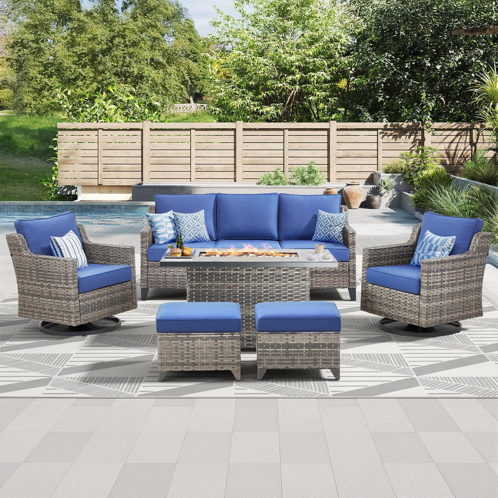 Patio Furniture Set with 42.5" Fire Pit Table-6 Pieces All Weather Wicker Outdoor Furniture with High Back Swivel Patio Chairs Set of 2 Outdoor Couch for Deck Balcony Backyard Blue/Gray