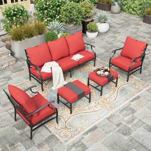 5 Piece Patio Furniture Set, 2 x Leg Chair, 2 x Ottoman, 1 x 3-Seat Sofa, All Cushioned 7 Seats Metal Outdoor Conversation Set for Lawn Garden Backyard