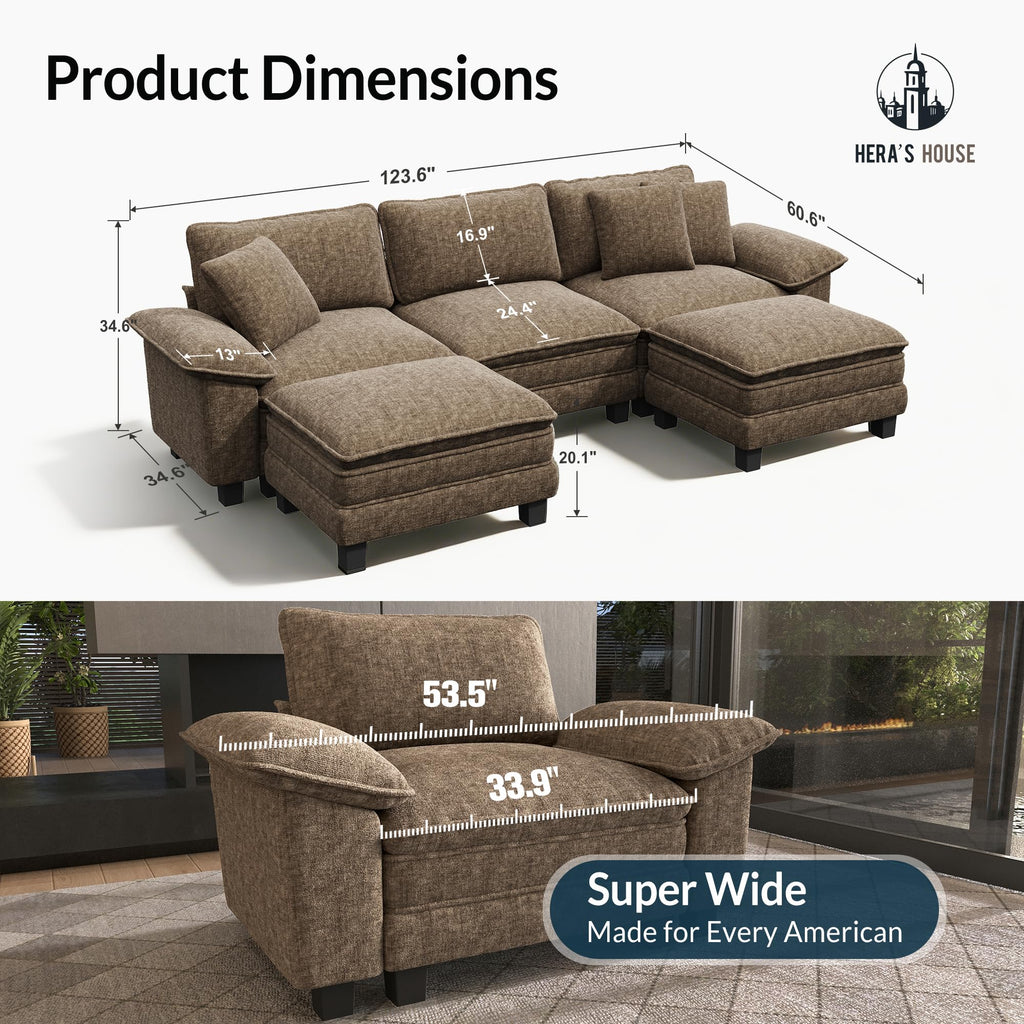 124" Modular Sectional Sofa, Oversized U Shaped Couches for Living Room, Comfy Cloud Couch with Ottoman, 5-Seater Deep Seat Sofa with Throw Pillow, Chenille Taupe