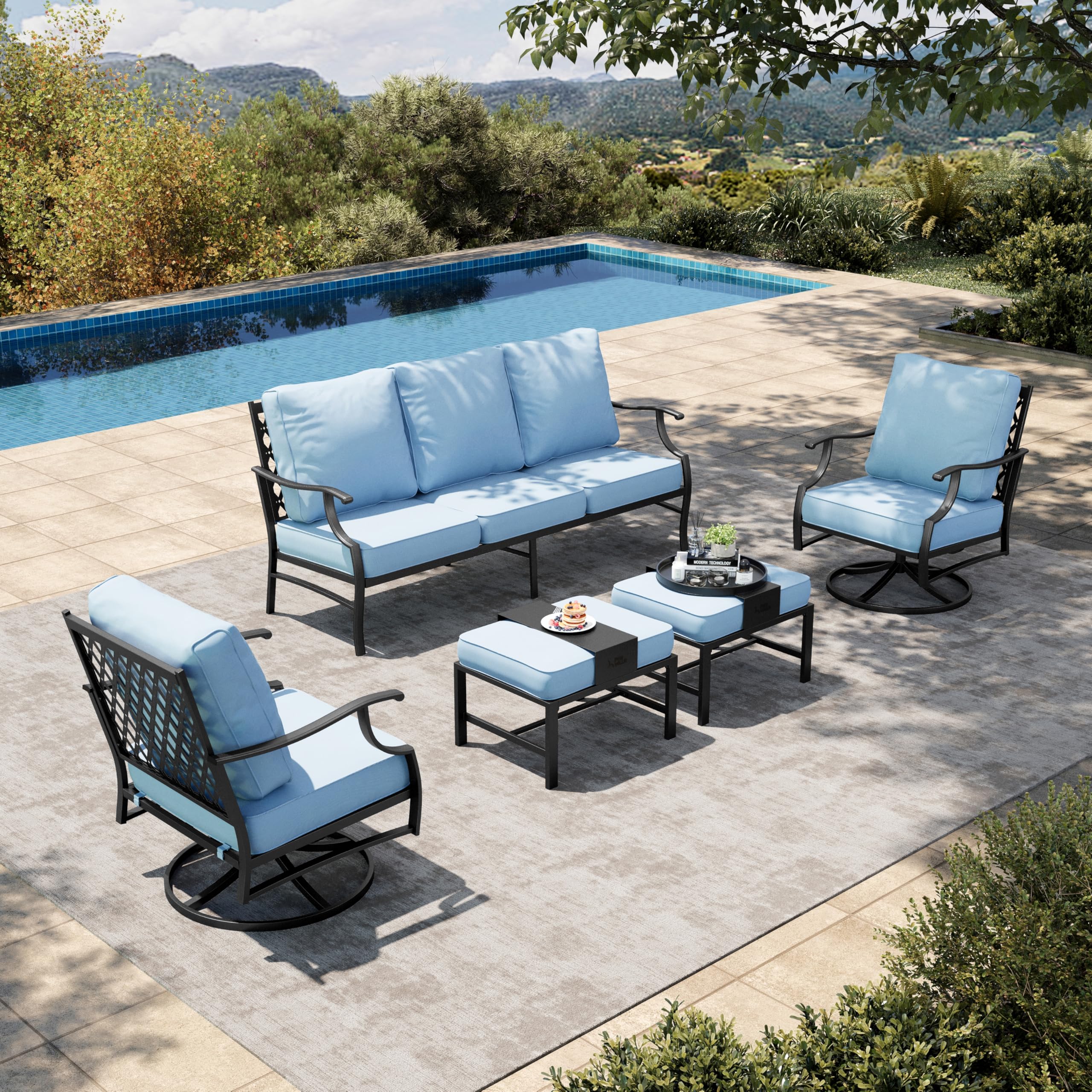 5 Piece Patio Furniture Set, 2 x Swivel Chair, 2 x Ottoman, 1 x 3-Seat Sofa, All Cushioned 7 Seats Outdoor Conversation Set for Lawn Garden Backyard, Blue
