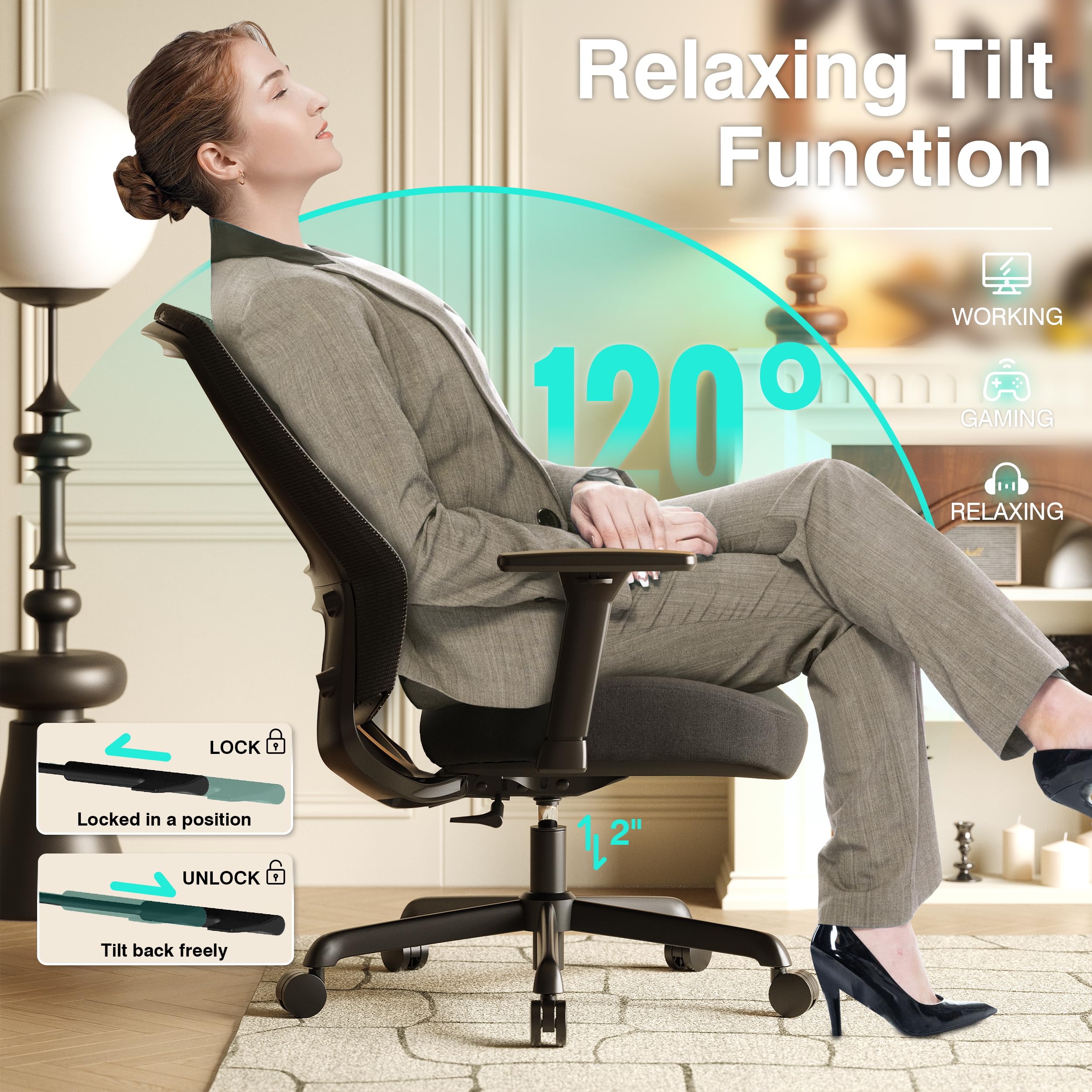 Ergonomic Home Office Chair, Mesh Computer Desk Chair with 4D Armrests, Adjustable Lumbar Support,Rolling Swivel Task Chair for Long Hours, Sponge Cushion