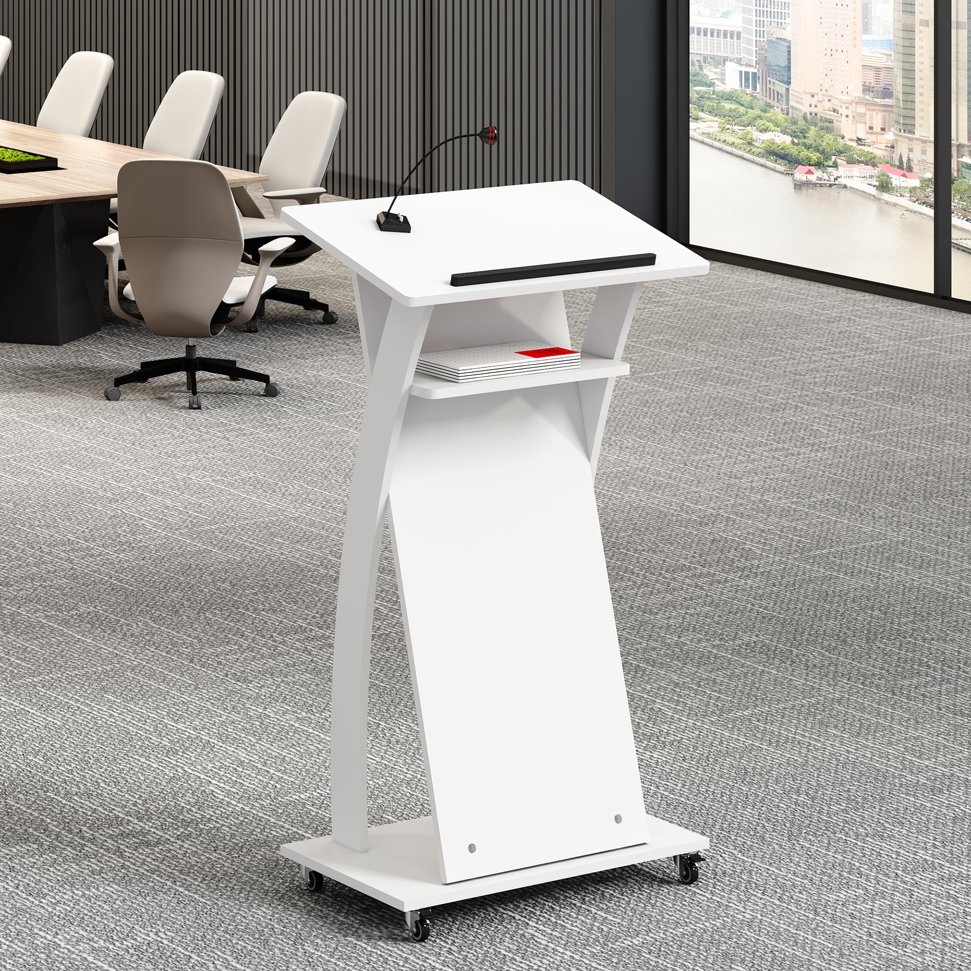 Mobile Wooden Podium Stand with Wheels Lectern White 16MM Wood Board Elegant Design Wooden Churche Pulpit