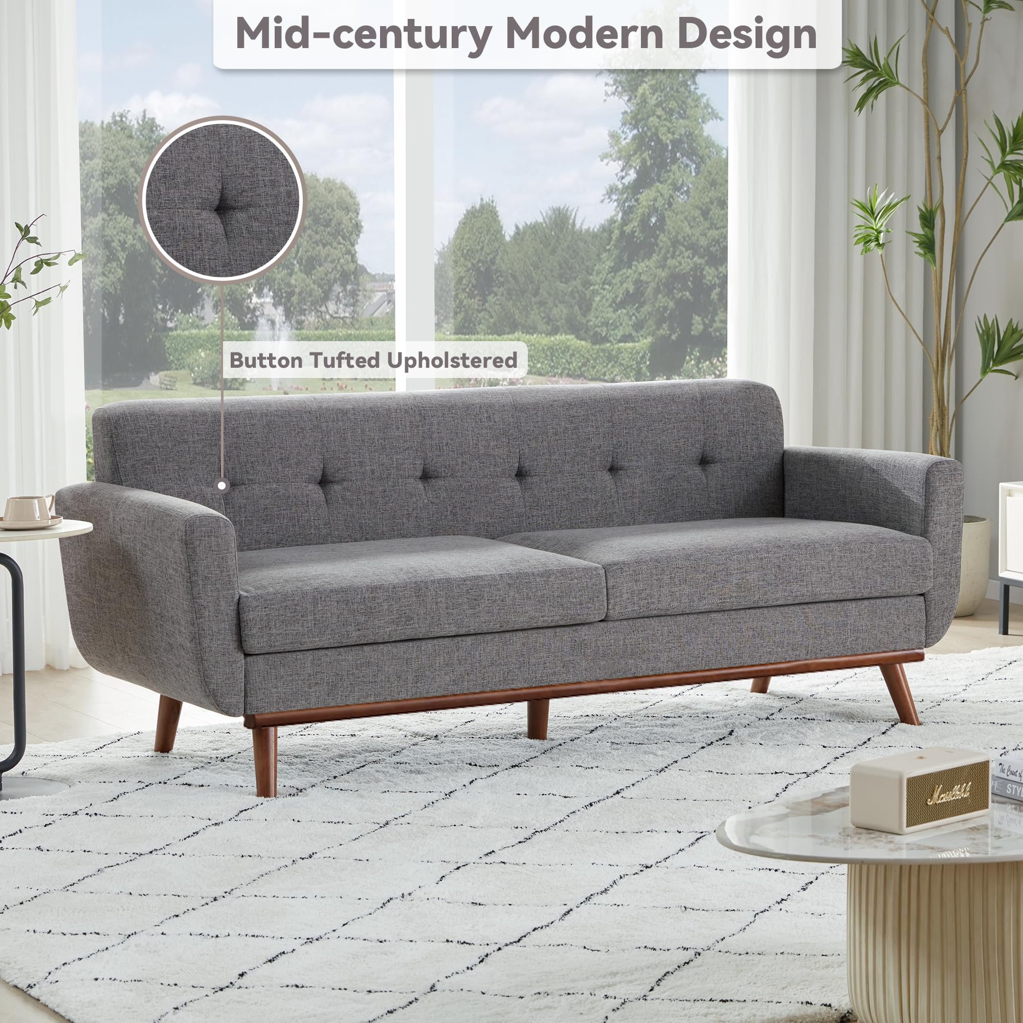 77.2" W Loveseat Sofa, Mid Century Modern Decor Love Seat Couches for Living Room, Button Tufted Upholstered Furniture, Solid & Easy to Install Small Couch for Bedroom Office Apartment, Gray