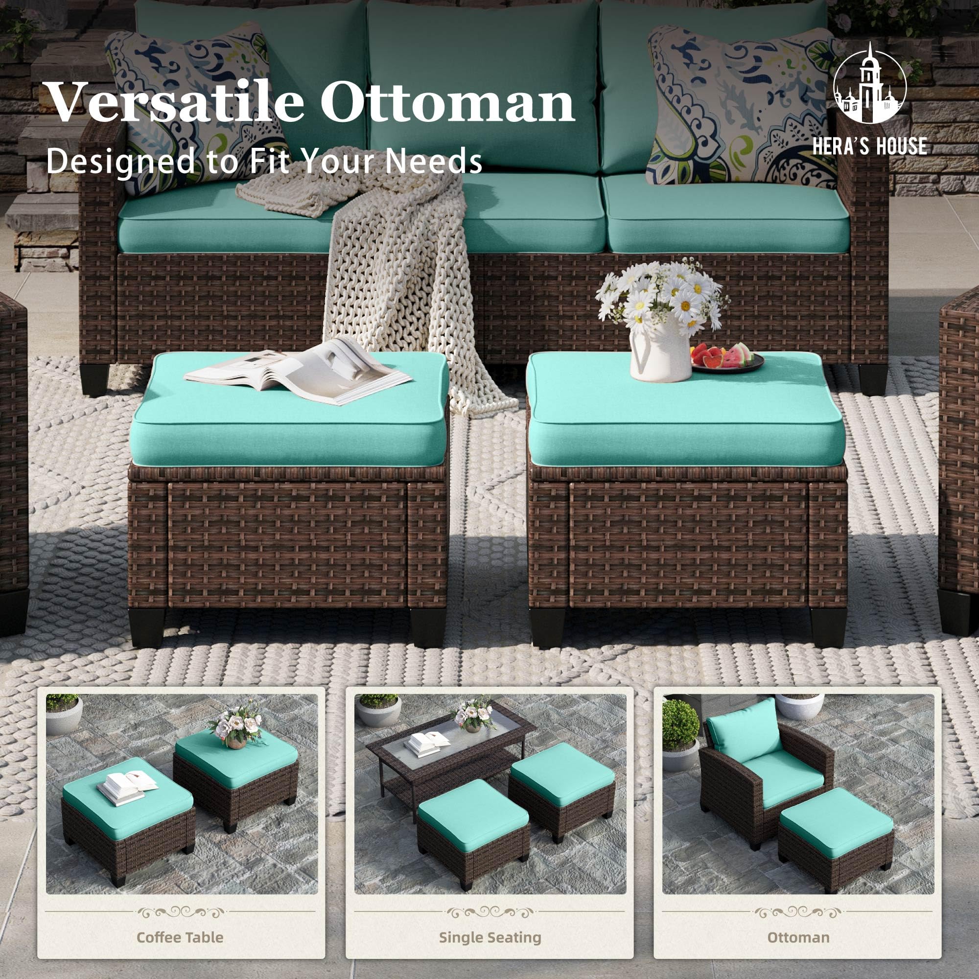 Patio Wicker Chairs Outdoor Swivel Rocker Chairs Set with Ottomans, 4 Piece Patio Seating Furniture Conversation Sets for Lawn Deck Porch Pool, Brown/Blue