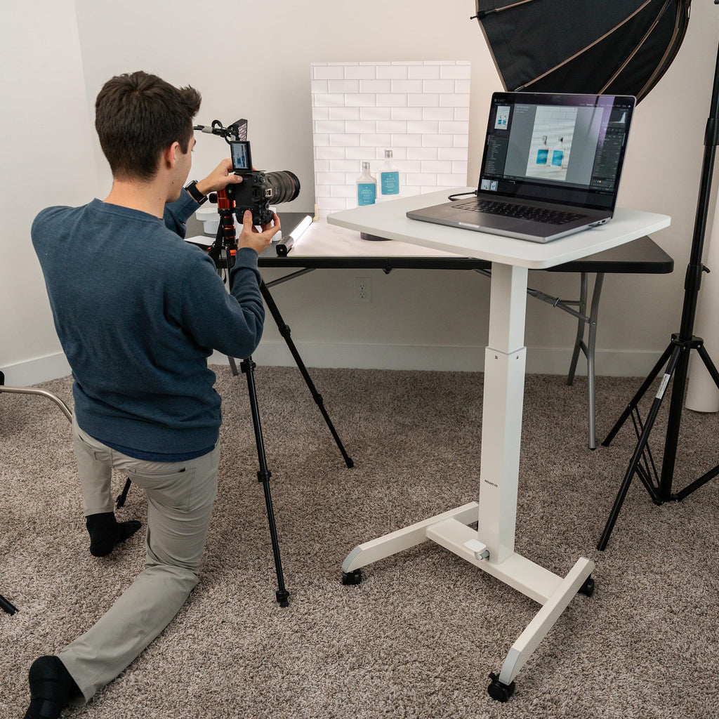 Adjustable Rolling Laptop Desk, Mobile Standing Desk with Wheels, Small Sit-Stand Computer Cart for Home, Office, or Classroom, 29.6–44.2" Height, 23.6"x20.5" Desktop, White