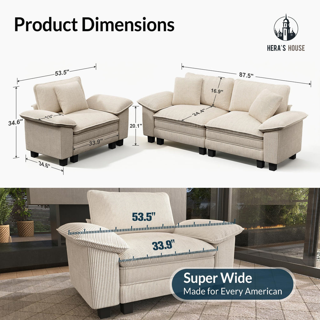 2 Pieces Modular Sectional Sofa Sets, Oversized Couch Set with Loveseat and Armchair, Comfy Cloud Couches with Throw Pillows, 3-Seater Deep Seat Sofa for Living Room, Corduroy Beige