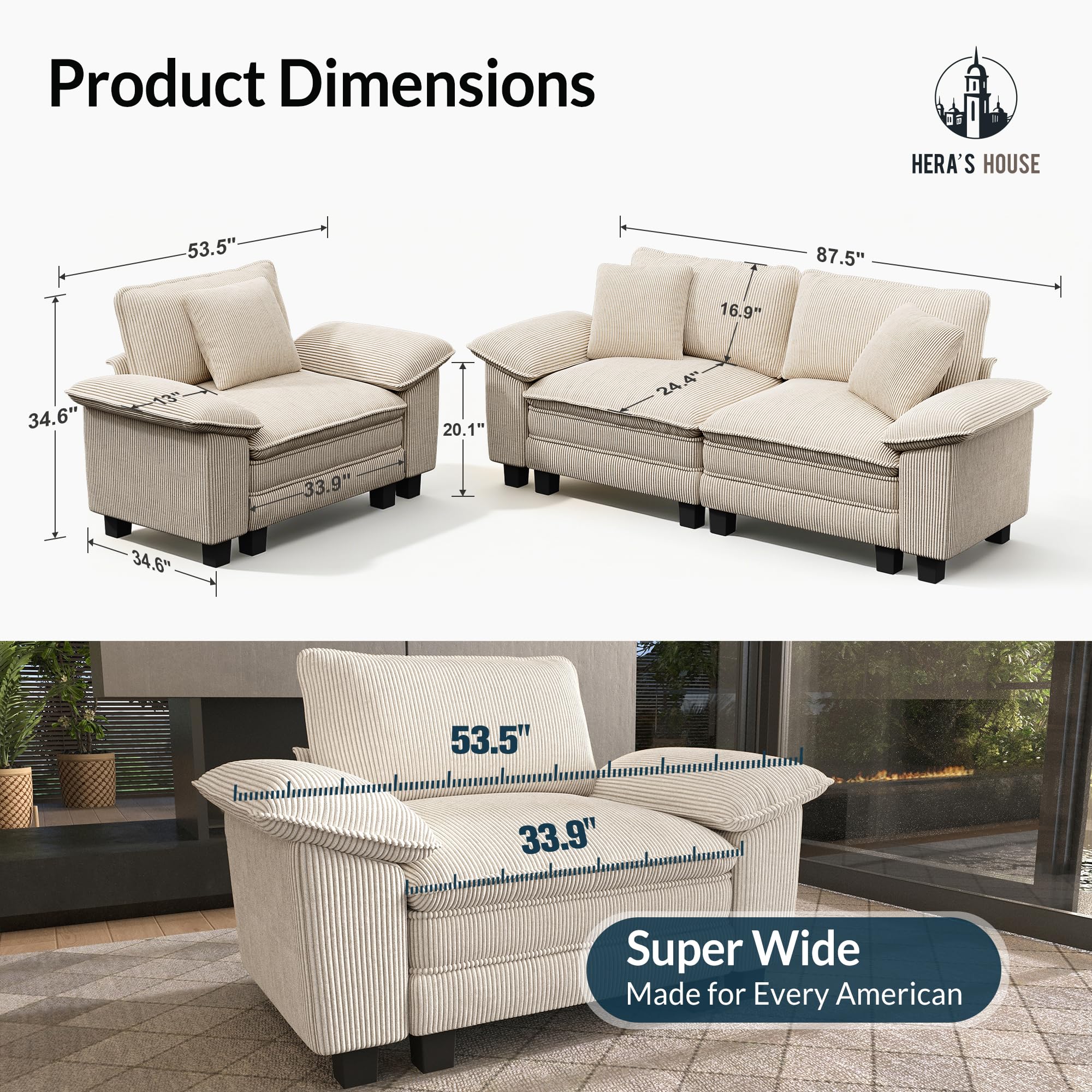 2 Pieces Modular Sectional Sofa Sets, Oversized Couch Set with Loveseat and Armchair, Comfy Cloud Couches with Throw Pillows, 3-Seater Deep Seat Sofa for Living Room, Corduroy Beige