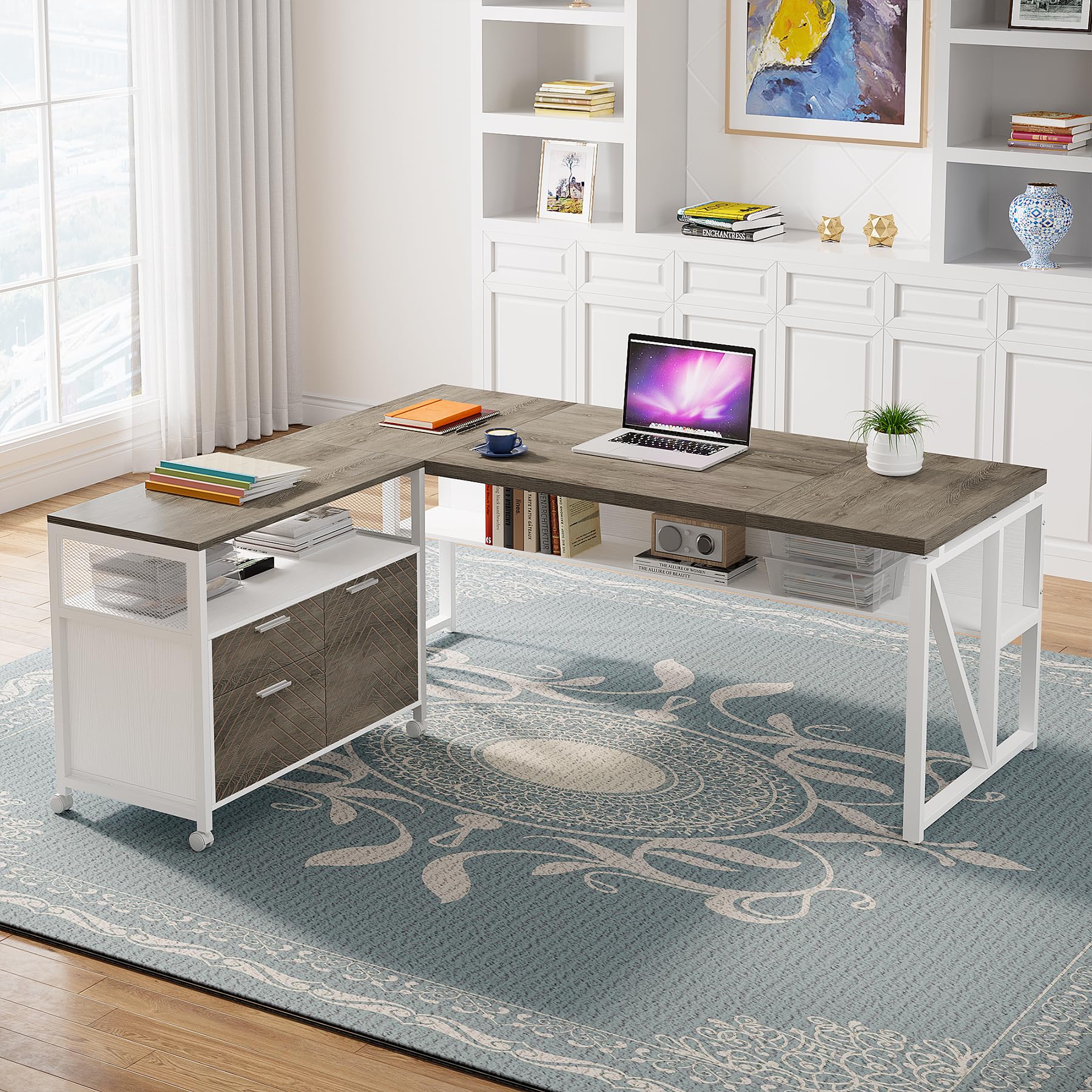 L Shaped Desk with Drawer Cabinet, 63" Executive Computer Desk and lateral File Cabinet, 2 Piece Home Office Furniture with (Dark Oak, 63-inches)