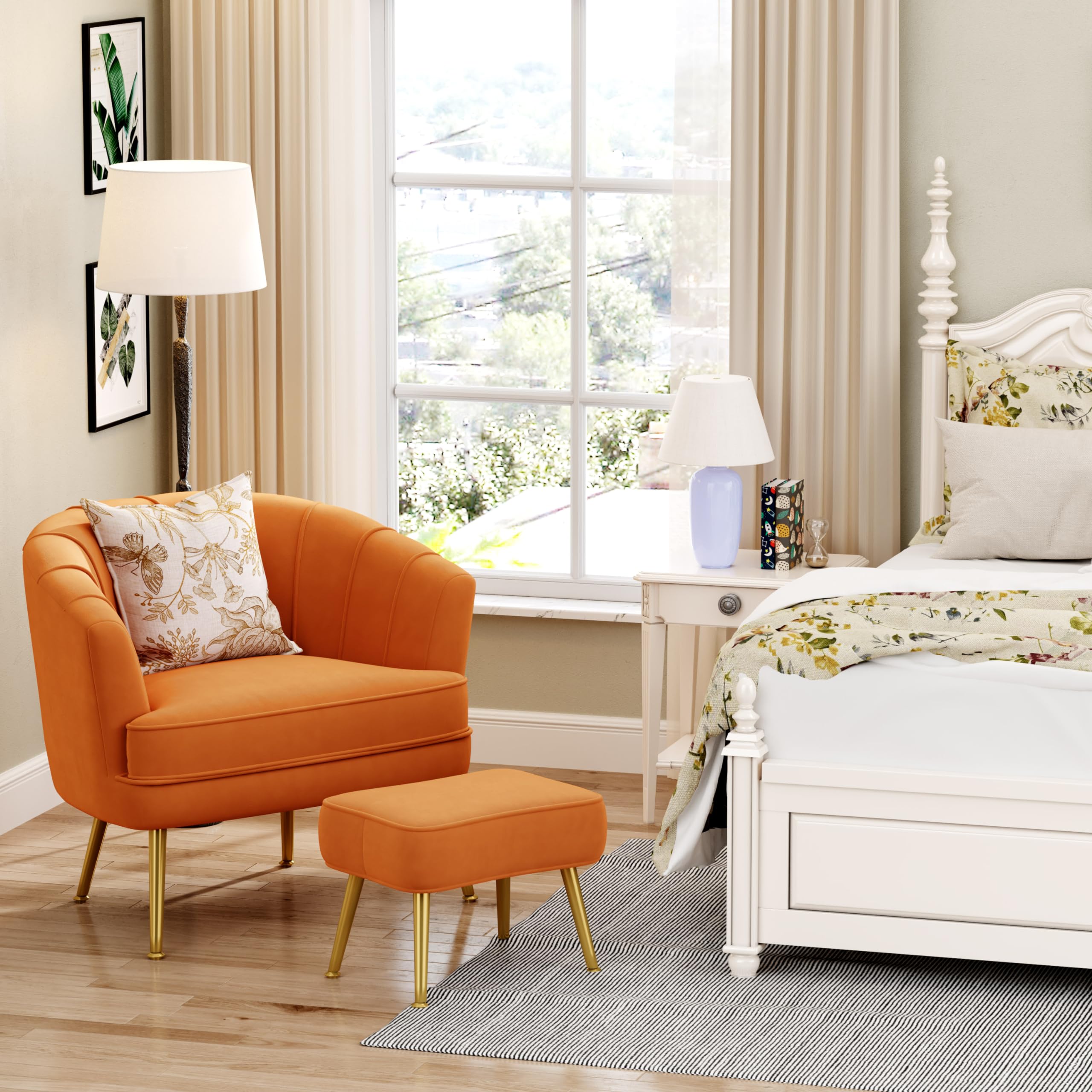 Velvet Accent Chair with Ottoman,Upholstered Modern Single Sofa Side Chair,Comfy Barrel Club Living Room Armchair with Golden Metal Legs for Bedroom Living Reading Room Office,Caramel Orange