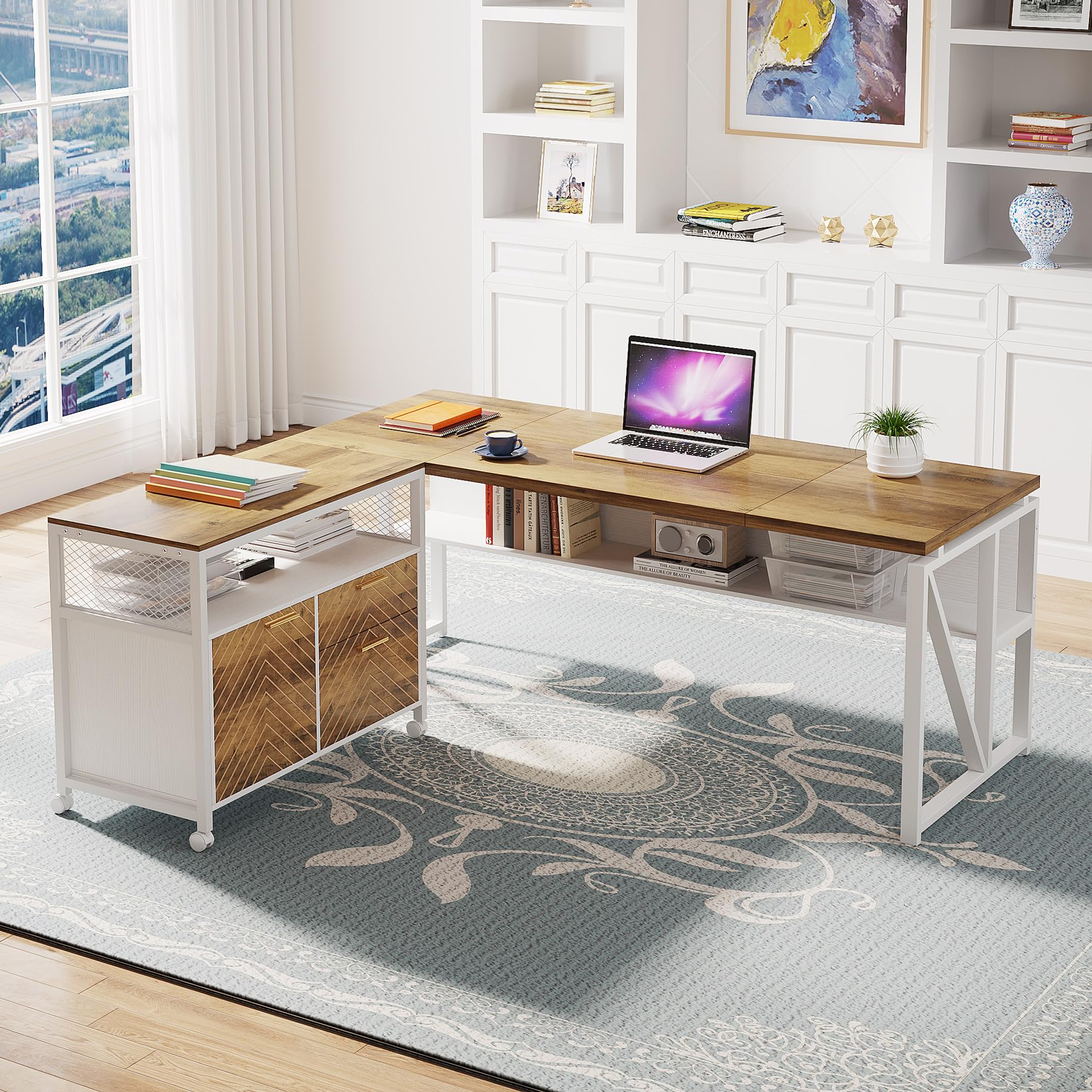 Office Desk with Drawers Sets, 63 inches L Shaped Computer Desk with Mobile File Cabinet,Big Executive Desk for Home Office Furniture Sets (Light Walnut, 63-inch)