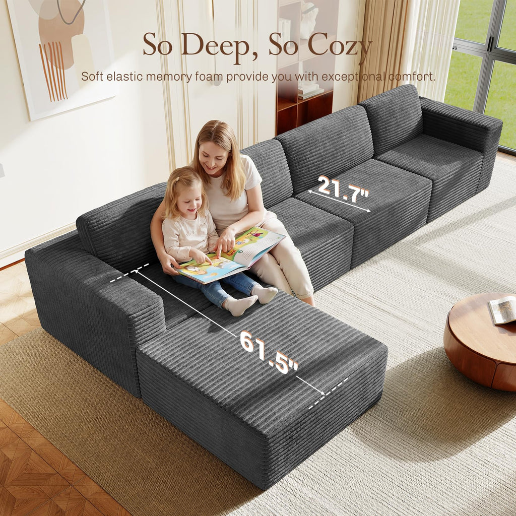 159" Large Modular Sectional Sofa, L-Shaped Corduroy Cloud Couch with Deep Seats & Spring Support, 4-Seater Boneless Sofa with Movable Ottoman, No Assembly Needed, Grey