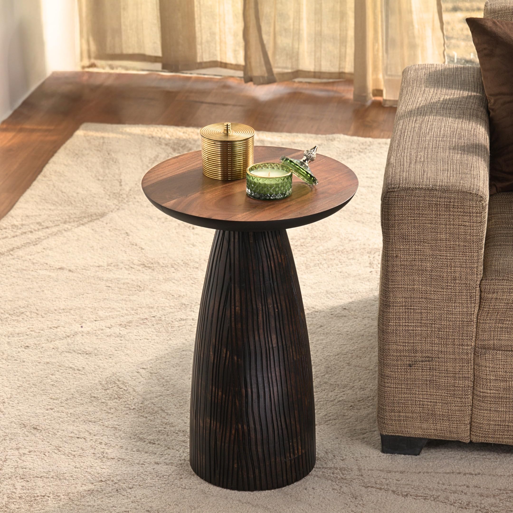 Mid-Century Farmhouse Cottagecore Accent Drink Table, Round Solid Mango Wood Accent Table with Carved Cone Base Minimalist Design for Small Spaces, Living Room, Bedroom or Entryway, Brown, Assembled