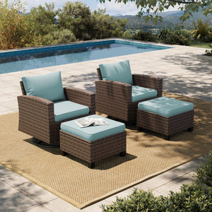 Patio Wicker Chairs Outdoor Swivel Rocker Chairs Set with Ottomans, 4 Piece Patio Seating Furniture Conversation Sets for Lawn Deck Porch Pool, Brown/Blue