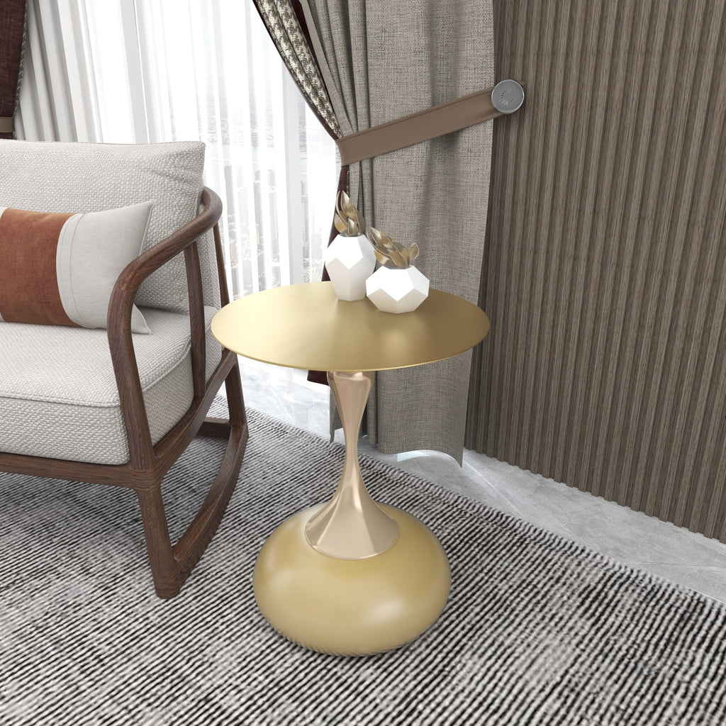 Modern Round Side Table with Gold Stainless Steel Top, Gold Pedestal Stem & Glossy Base, Accent End Table for Living Room, Bedroom, or Small Spaces, 17.7" × 21.6", Matte Gold