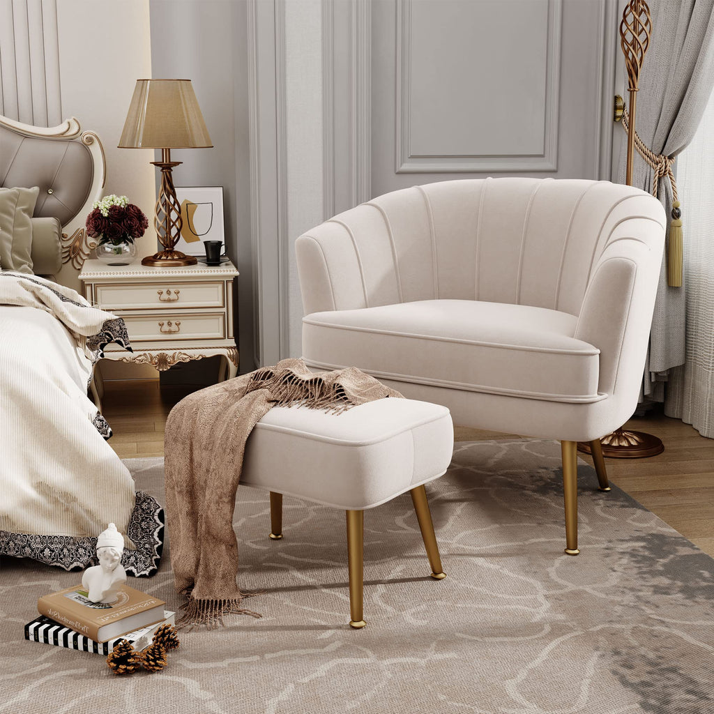 Velvet Accent Chair with Ottoman, Upholstered Modern Single Sofa Side Chair,Comfy Barrel Club Living Room Armchair with Golden Metal Legs for Bedroom Living Reading Room Office, Beige