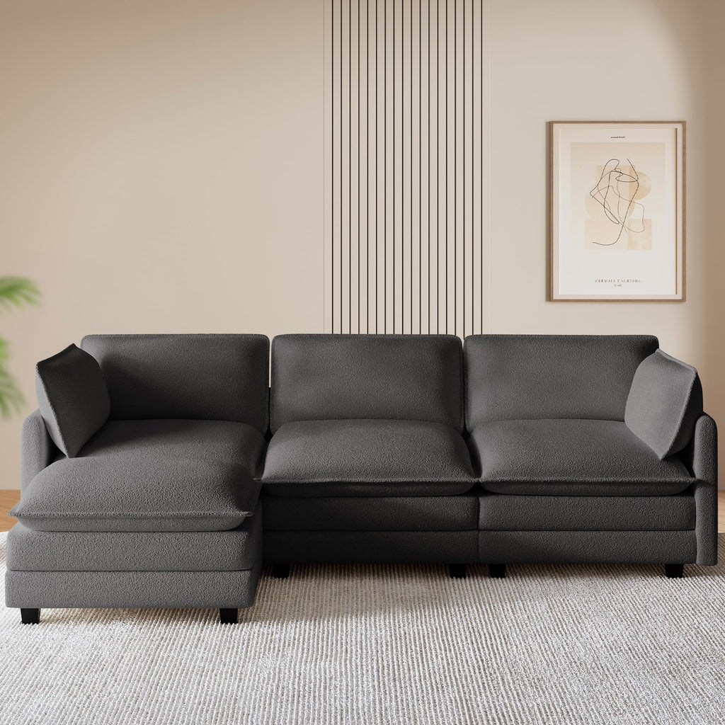 112'' Sectional Cloud Couch with Movable Ottoman, 4 Seat Modern Chenille Modular Sofa with 2 Throw Pillows, Deep Seat L Shaped Couch for Living Room Bedroom Apartment, Dark Grey