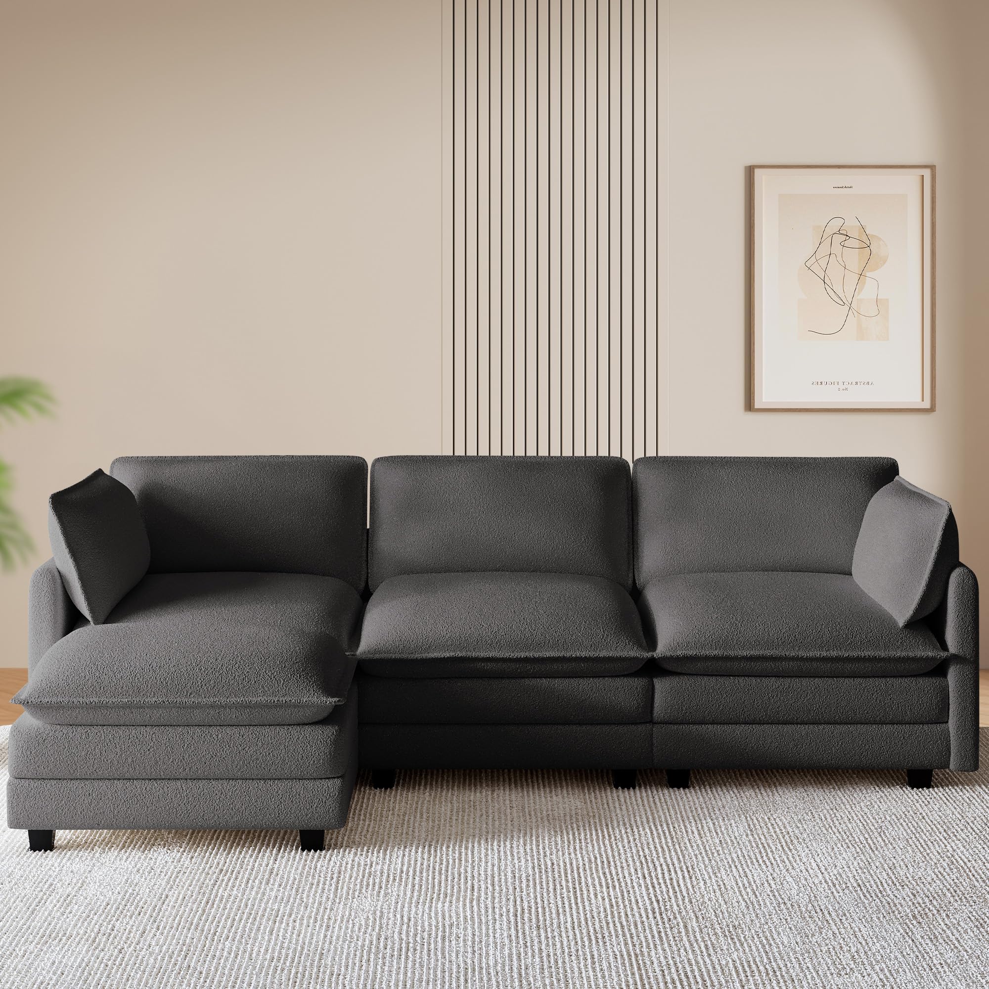 112'' Sectional Cloud Couch with Movable Ottoman, 4 Seat Modern Chenille Modular Sofa with 2 Throw Pillows, Deep Seat L Shaped Couch for Living Room Bedroom Apartment, Dark Grey