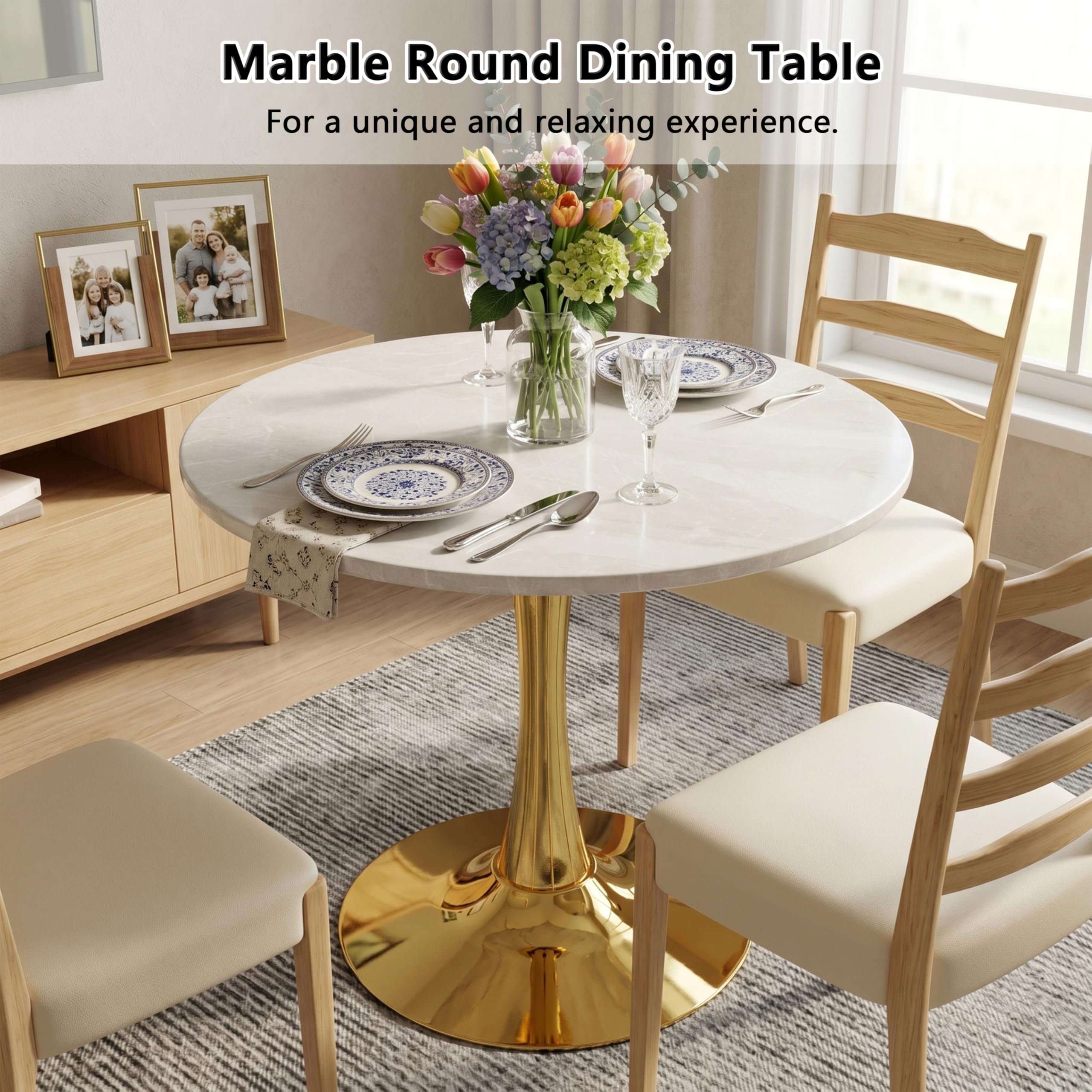 27.6" Marble Round Tulip Table, Mid-Century Modern Style Dining Table with Gold Pedestal Base for 2-4 People, Featuring A Marble Tabletop for Kitchen, Dining Room, Cafe (Grayish White)