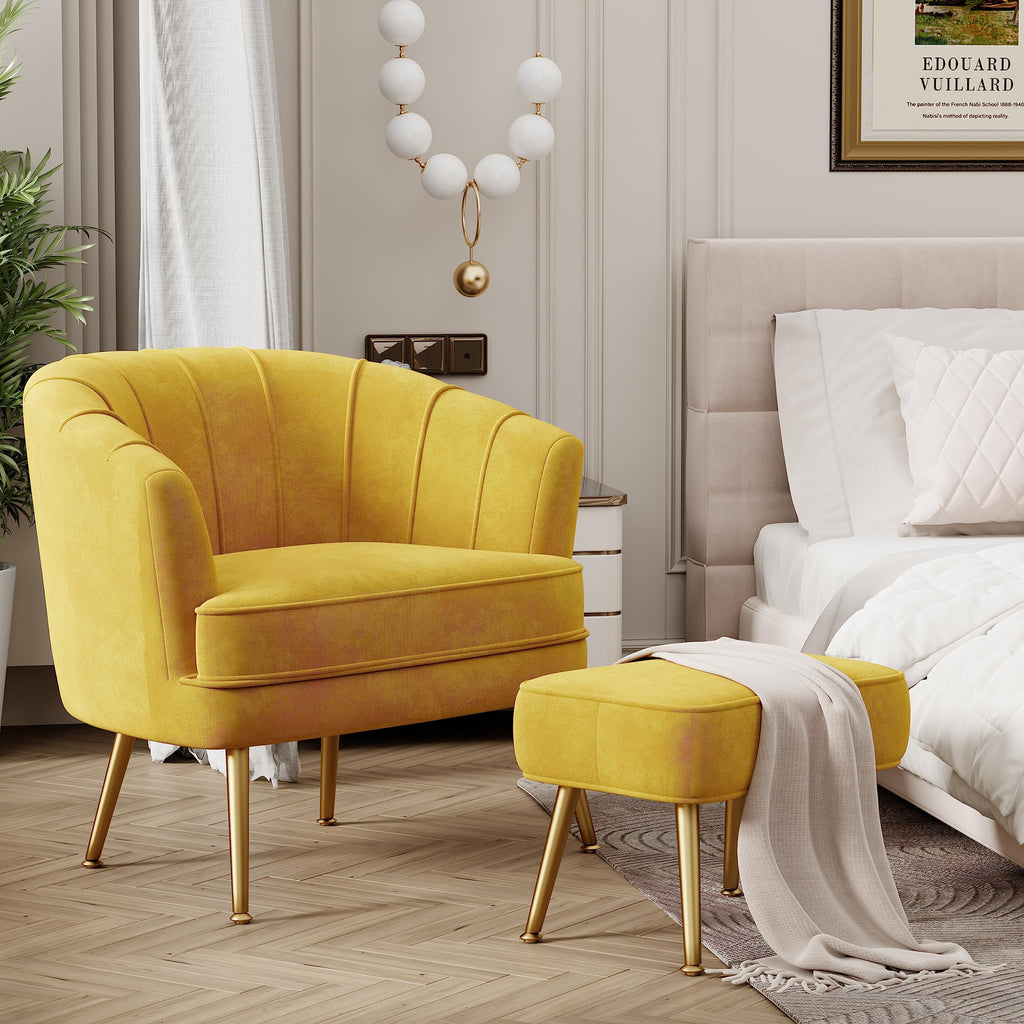 Velvet Accent Chair with Ottoman, Upholstered Modern Single Sofa Side Chair,Comfy Barrel Club Living Room Armchair with Golden Metal Legs for Bedroom Living Reading Room Office, Yellow
